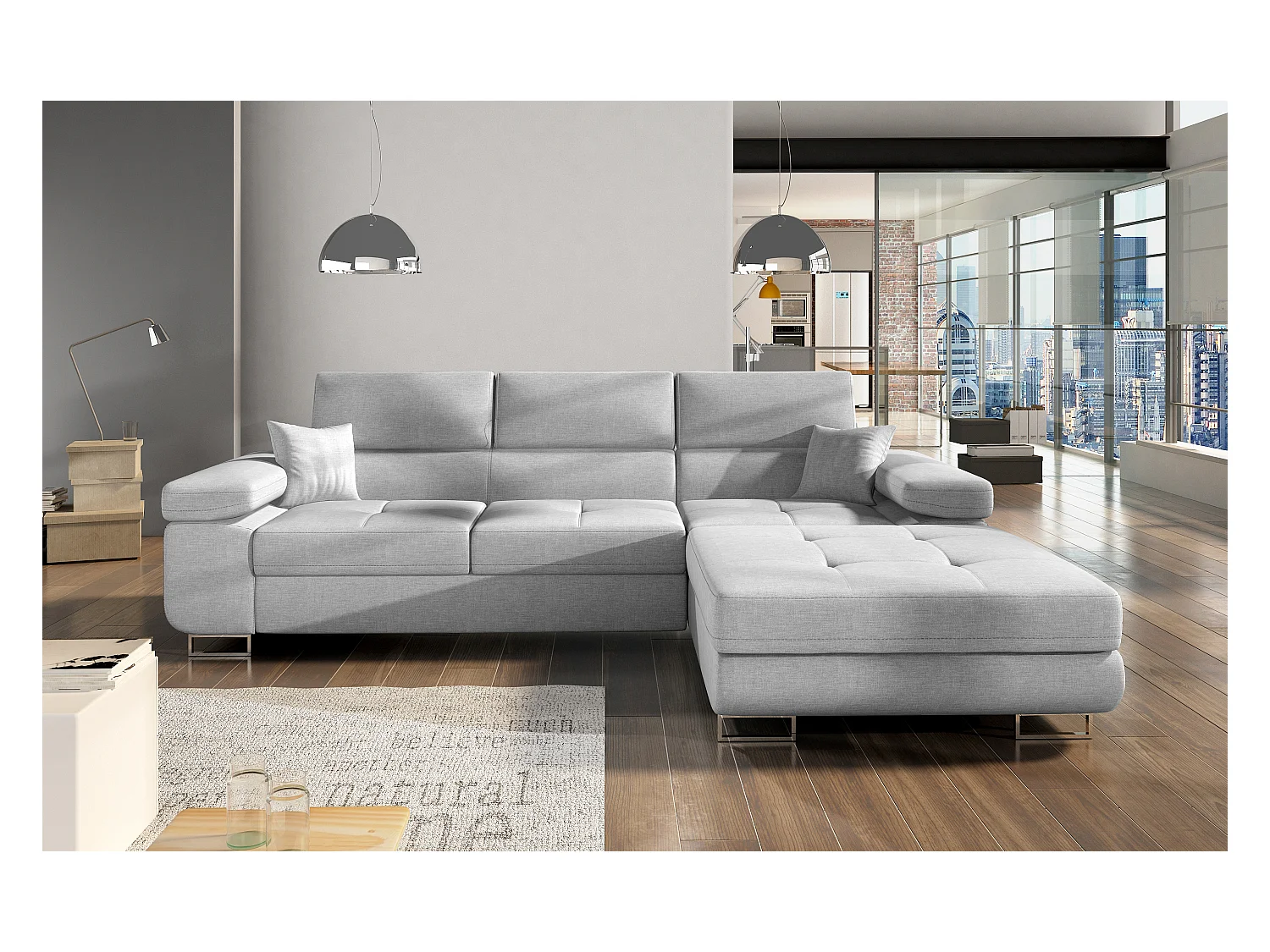 Canapé convertible d'angle droit tissu gris clair avec rangement Wile 280cm