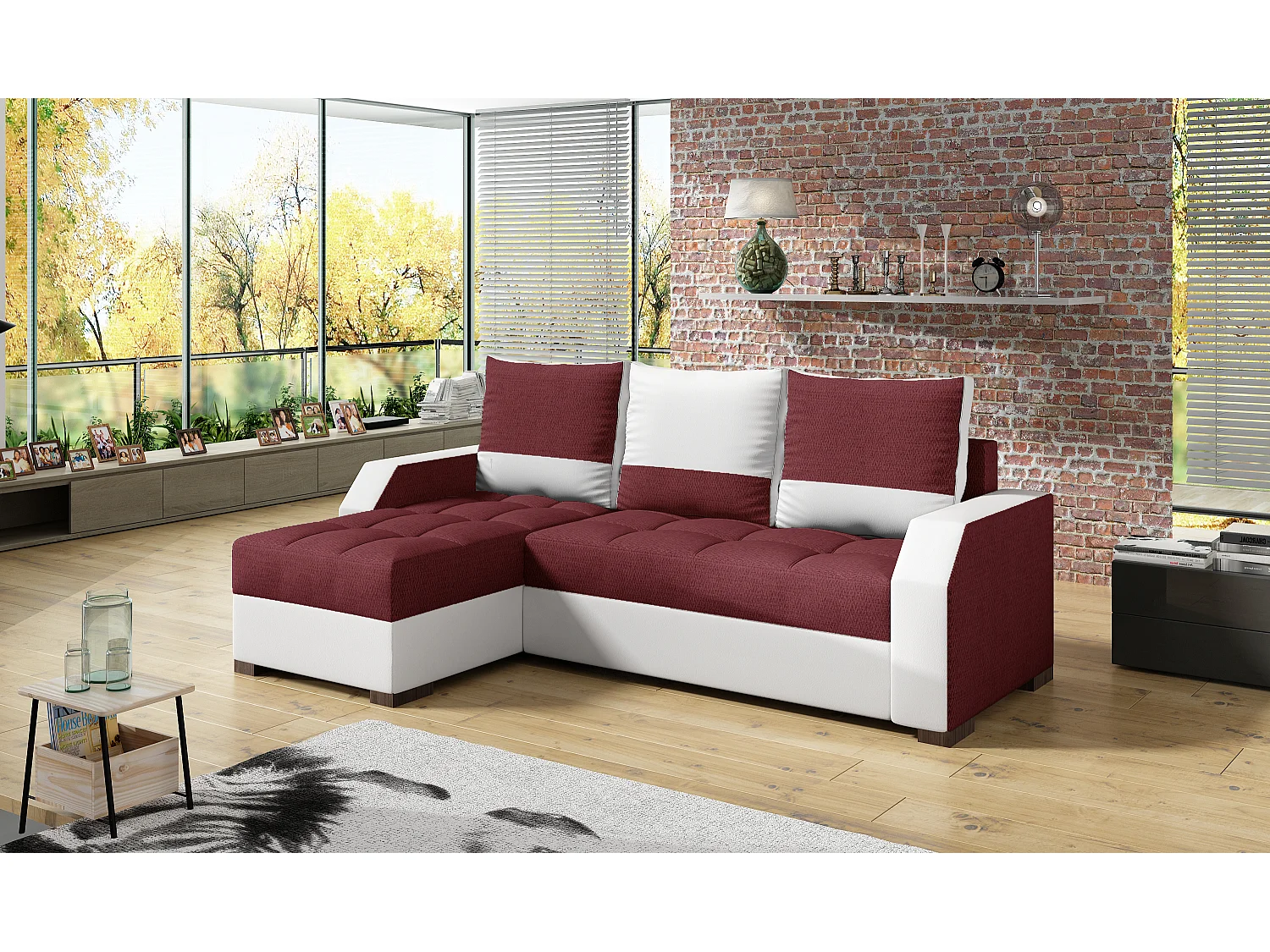 Canapé convertible angle réversible design tissu bordeaux et simili cuir blanc Zarky 250cm