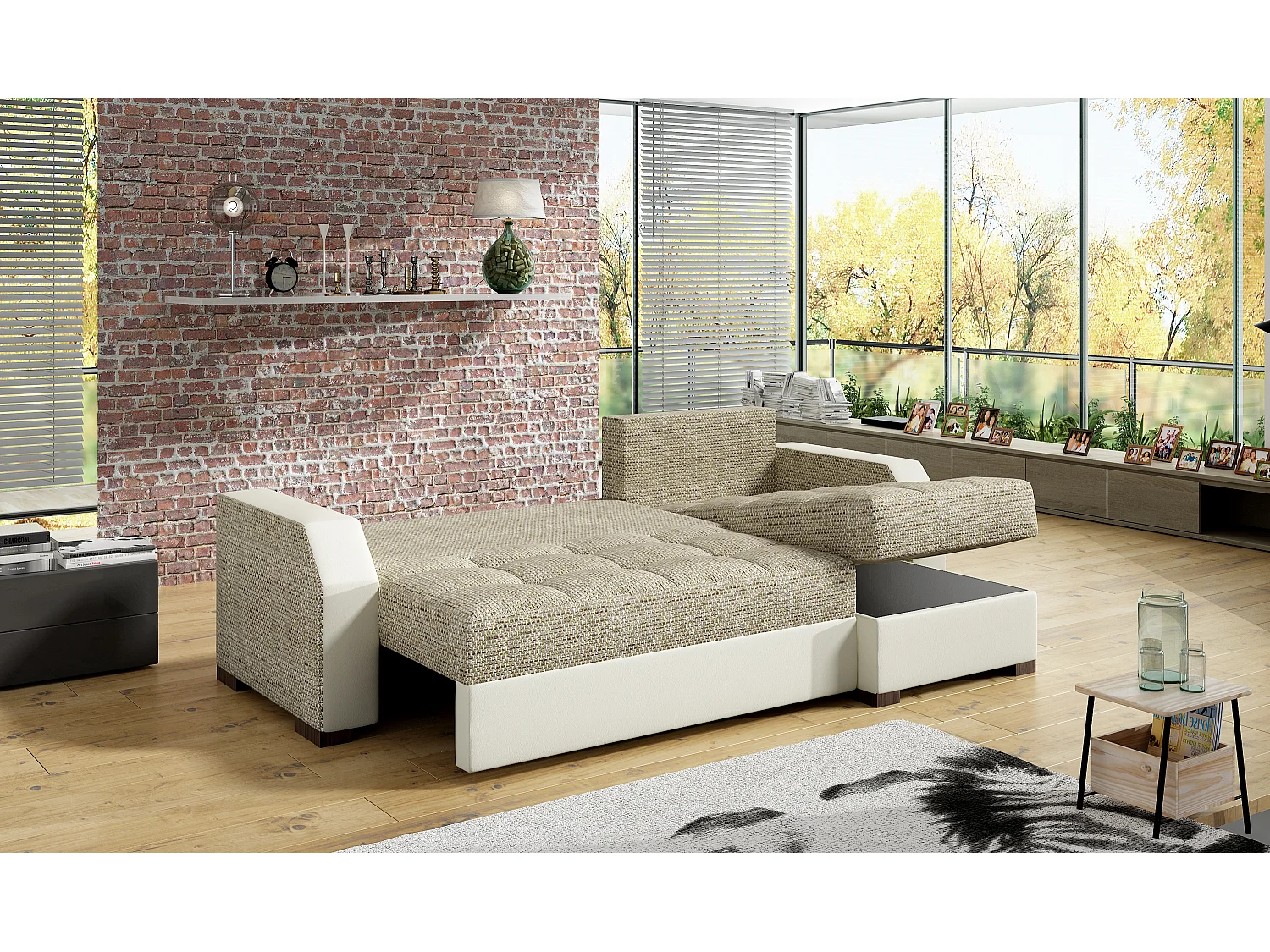 Canapé convertible angle réversible design tissu bordeaux et simili cuir blanc Zarky 250cm