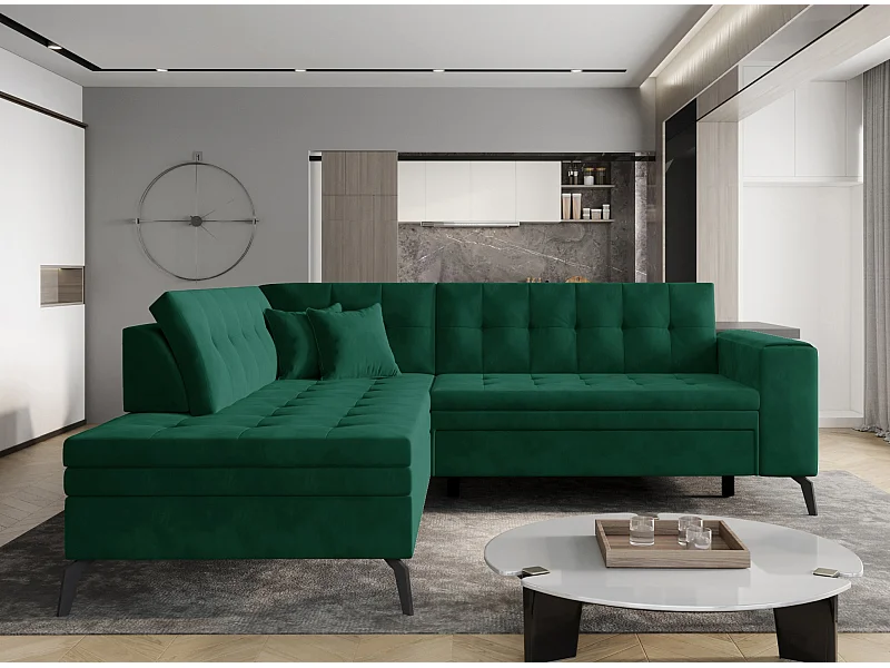 Canapé convertible capitonné angle gauche tissu vert épinard Larry 260cm