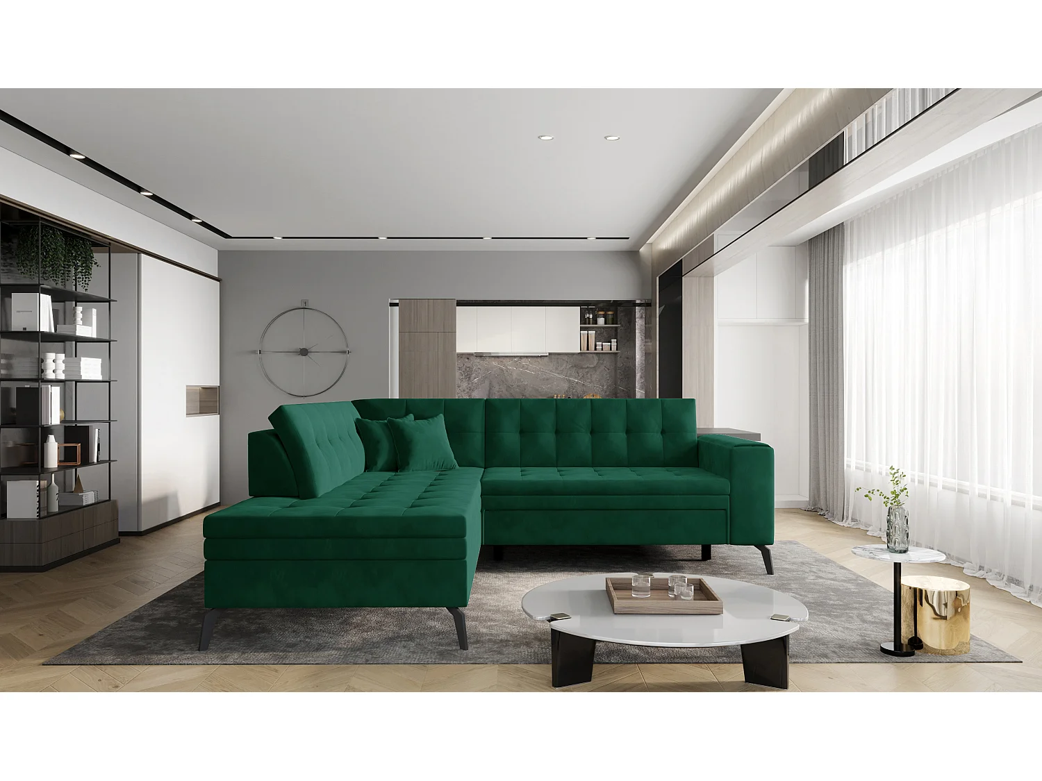 Canapé convertible capitonné angle gauche tissu vert épinard Larry 260cm