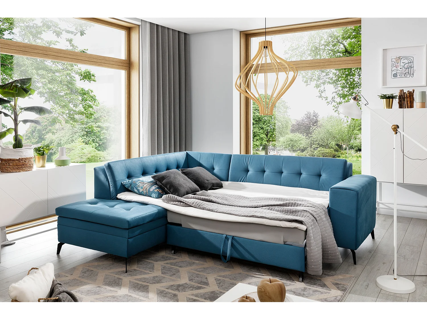 Canapé convertible capitonné angle gauche tissu vert épinard Larry 260cm