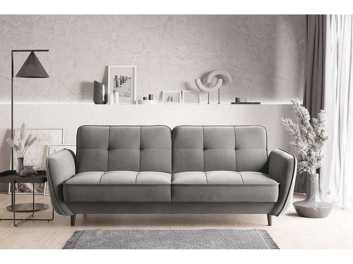 Canapé convertible 3 places tissu gris clair capitonné et pieds bois noir Bizza 220cm