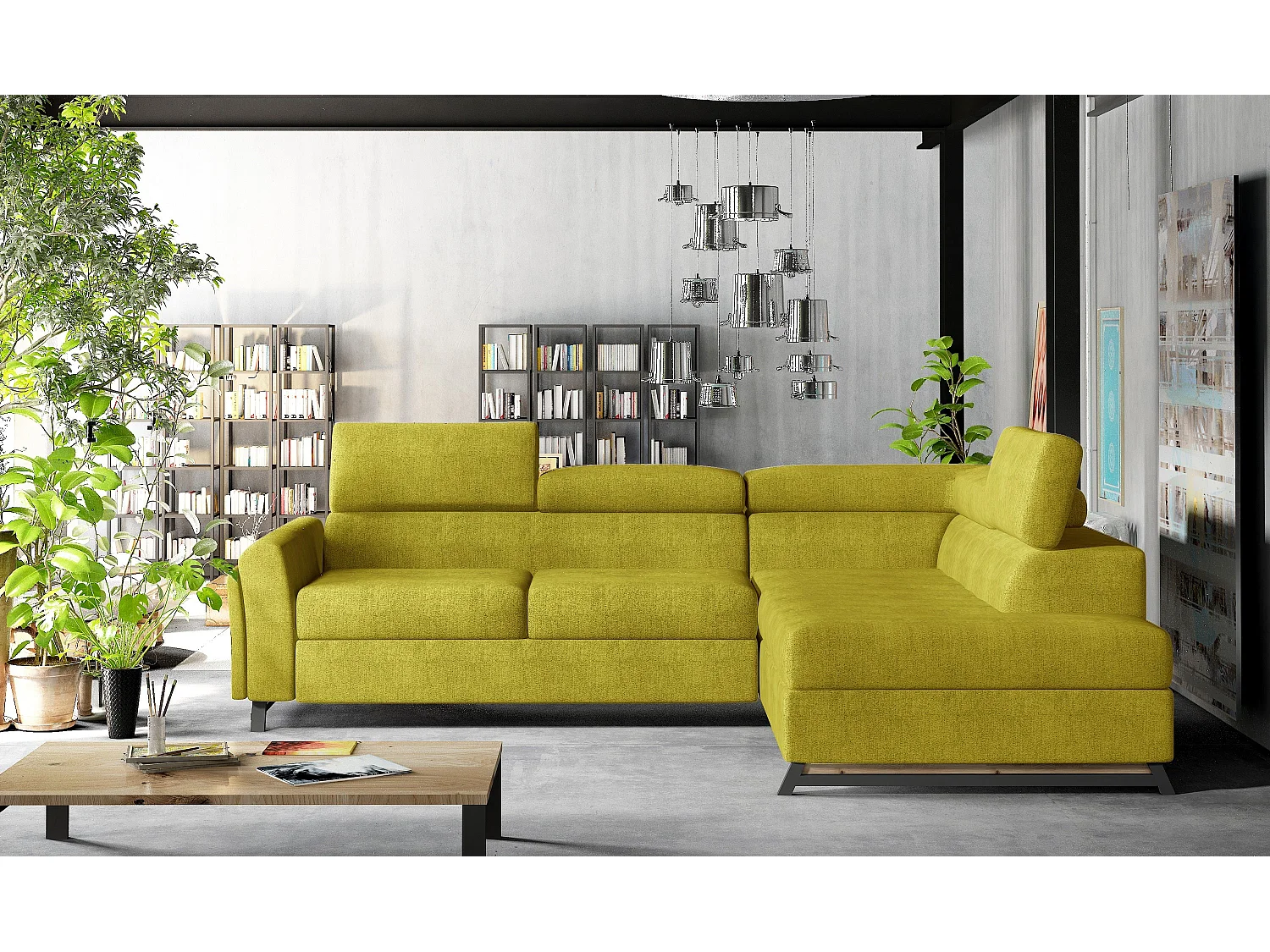 Converteerbare hoekbank rechts in gele stof met verstelbare hoofdsteunen Nikos 265 cm