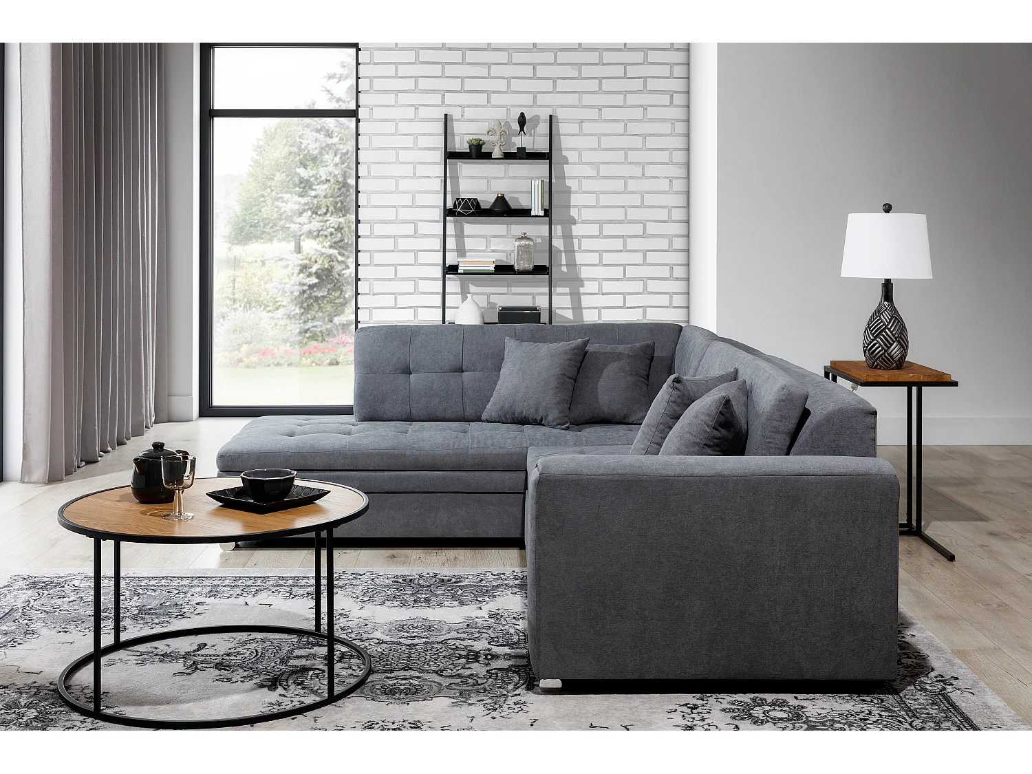 Canapé convertible angle gauche tissu gris clair et chromé Pika 260cm