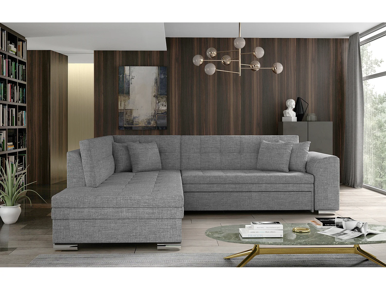 Canapé convertible angle gauche tissu gris clair et chromé Pika 260cm