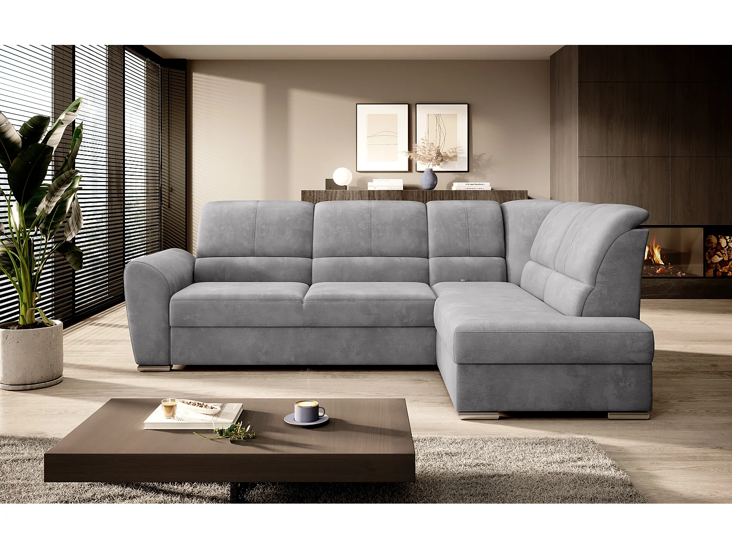 Converteerbare hoekbank rechts in zachte lichtgrijze stof en chroomstalen poten Zabor 270 cm