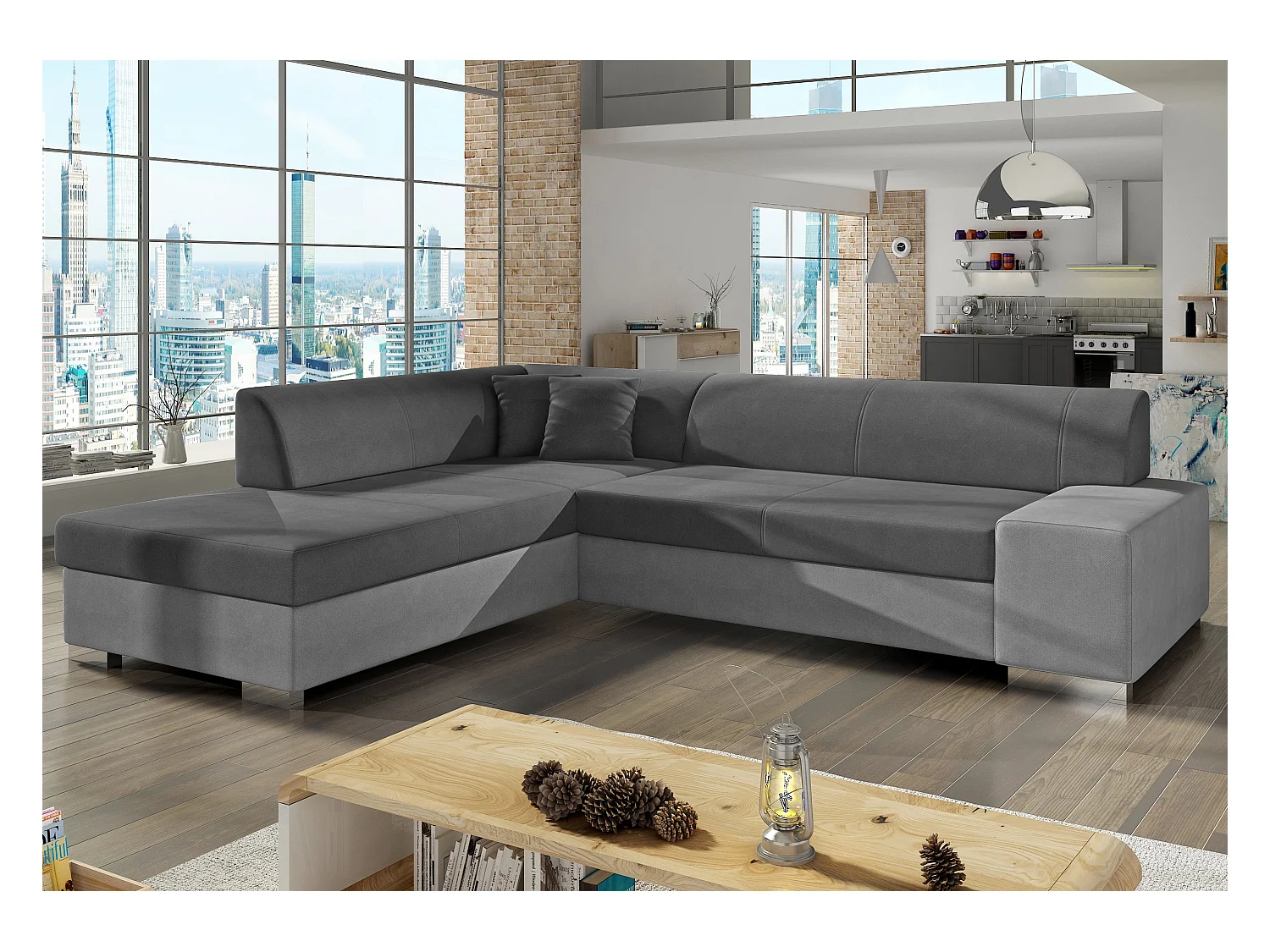 Canapé convertible moderne angle gauche tissu doux gris clair et gris foncé Plazo 278cm