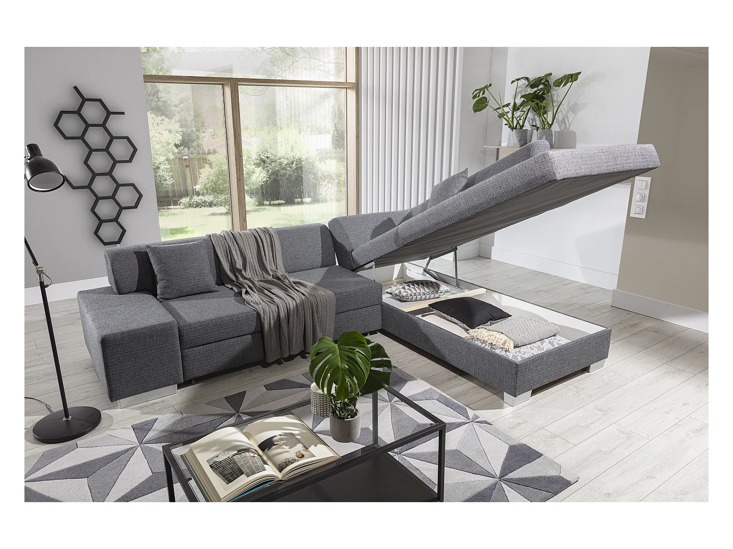 Canapé convertible moderne angle gauche tissu doux gris clair et gris foncé Plazo 278cm