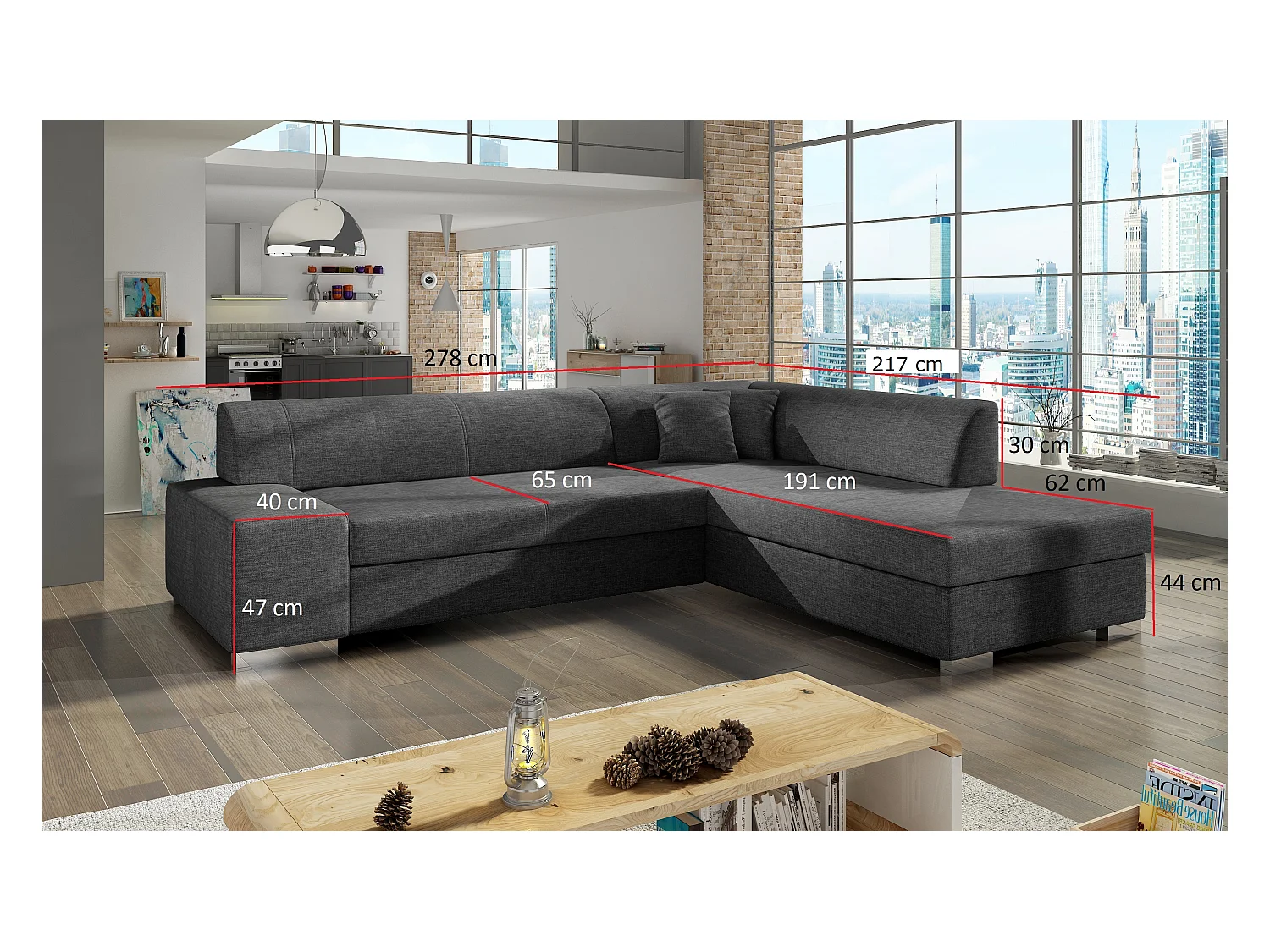 Canapé convertible moderne angle gauche tissu doux gris clair et gris foncé Plazo 278cm