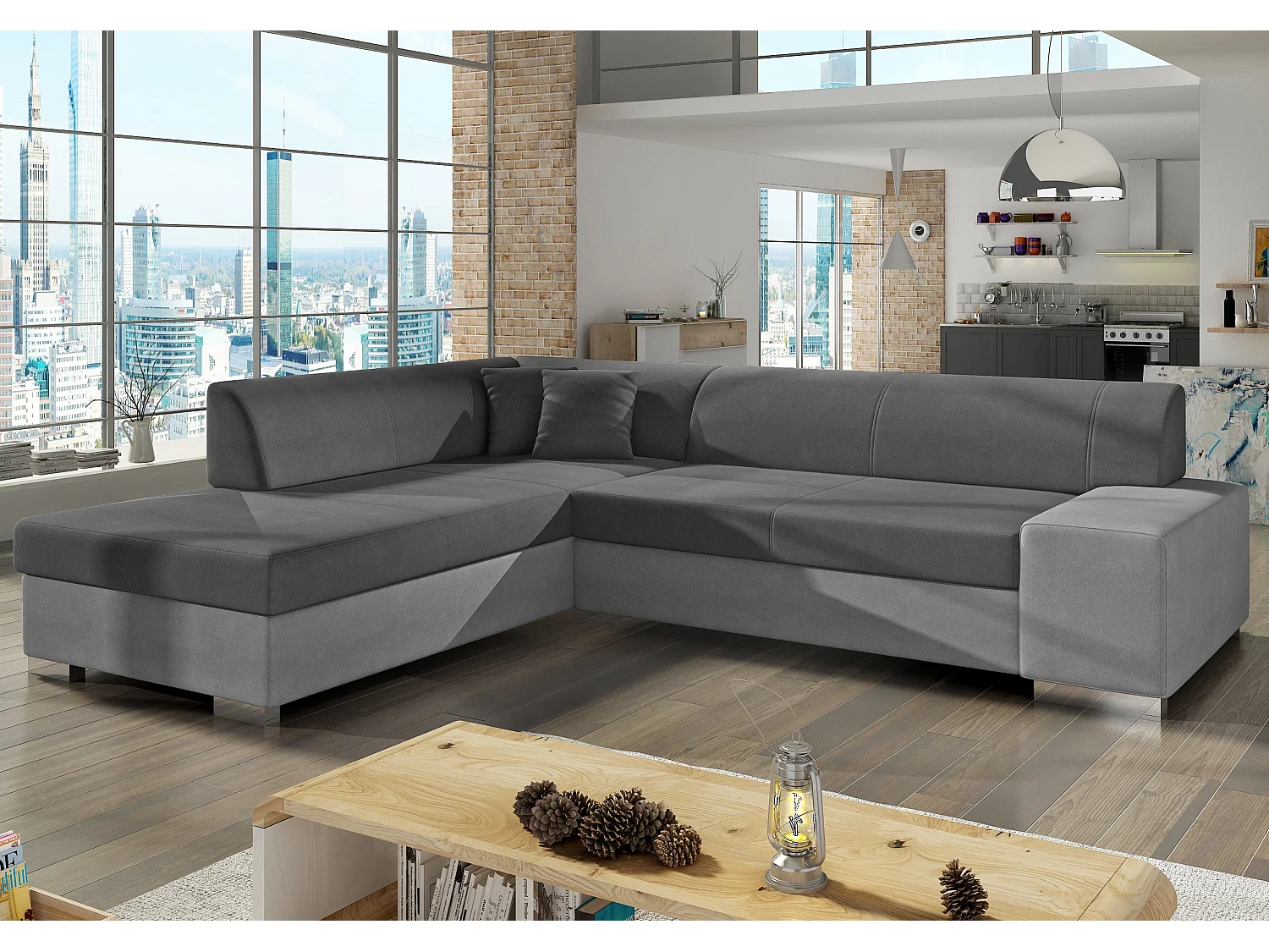 Canapé convertible moderne angle gauche tissu doux gris clair et gris foncé Plazo 278cm