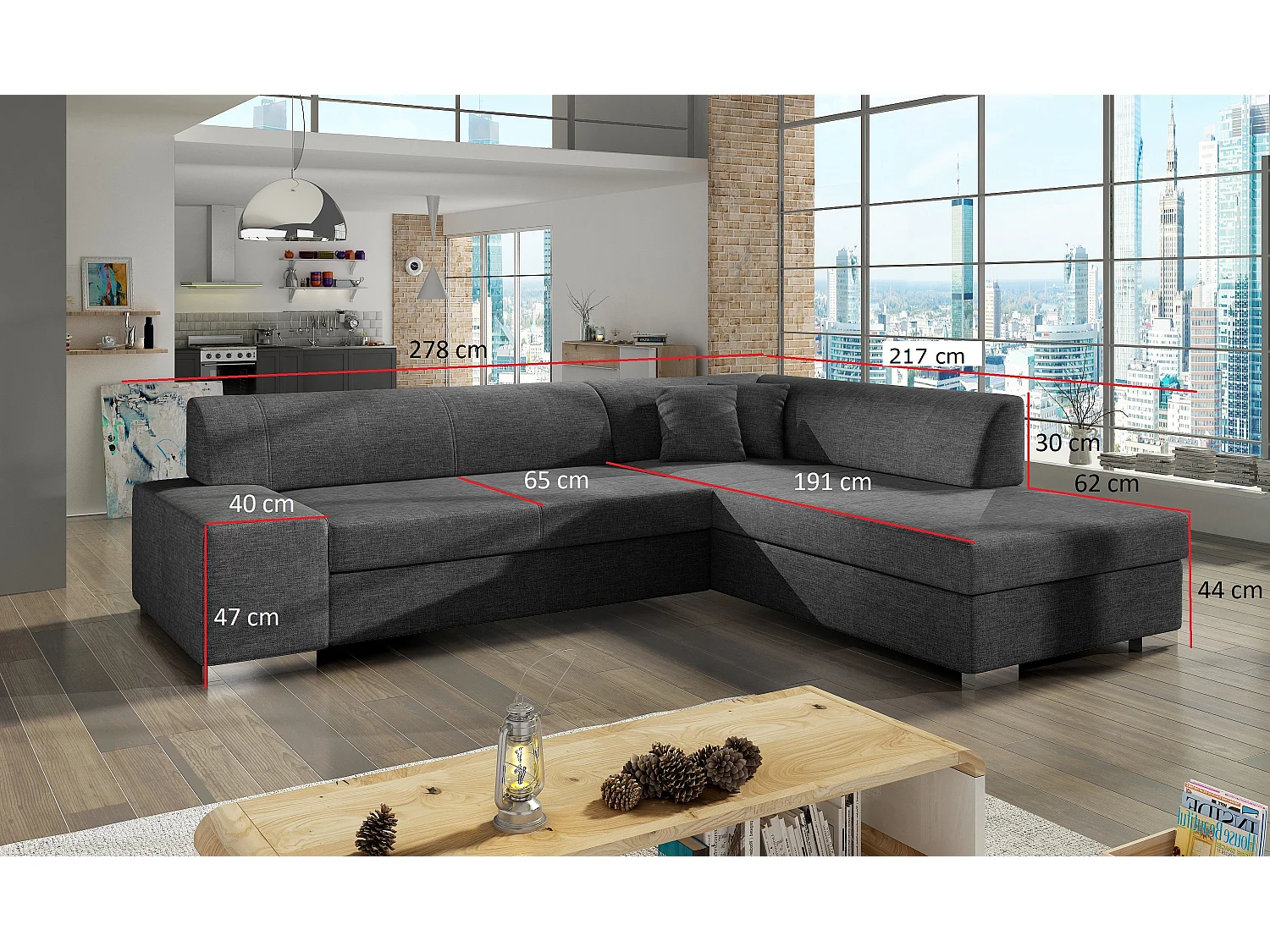 Canapé convertible moderne angle gauche tissu doux gris clair et gris foncé Plazo 278cm