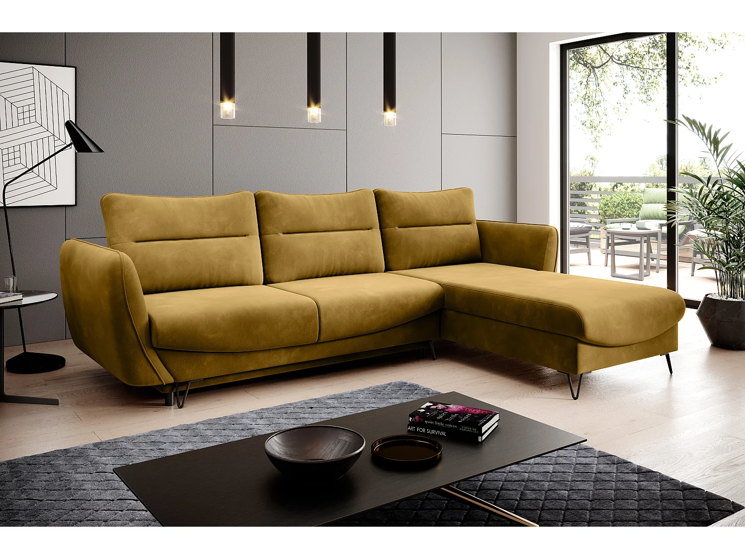 Canapé d'angle droit convertible velours jaune Zurik 276cm