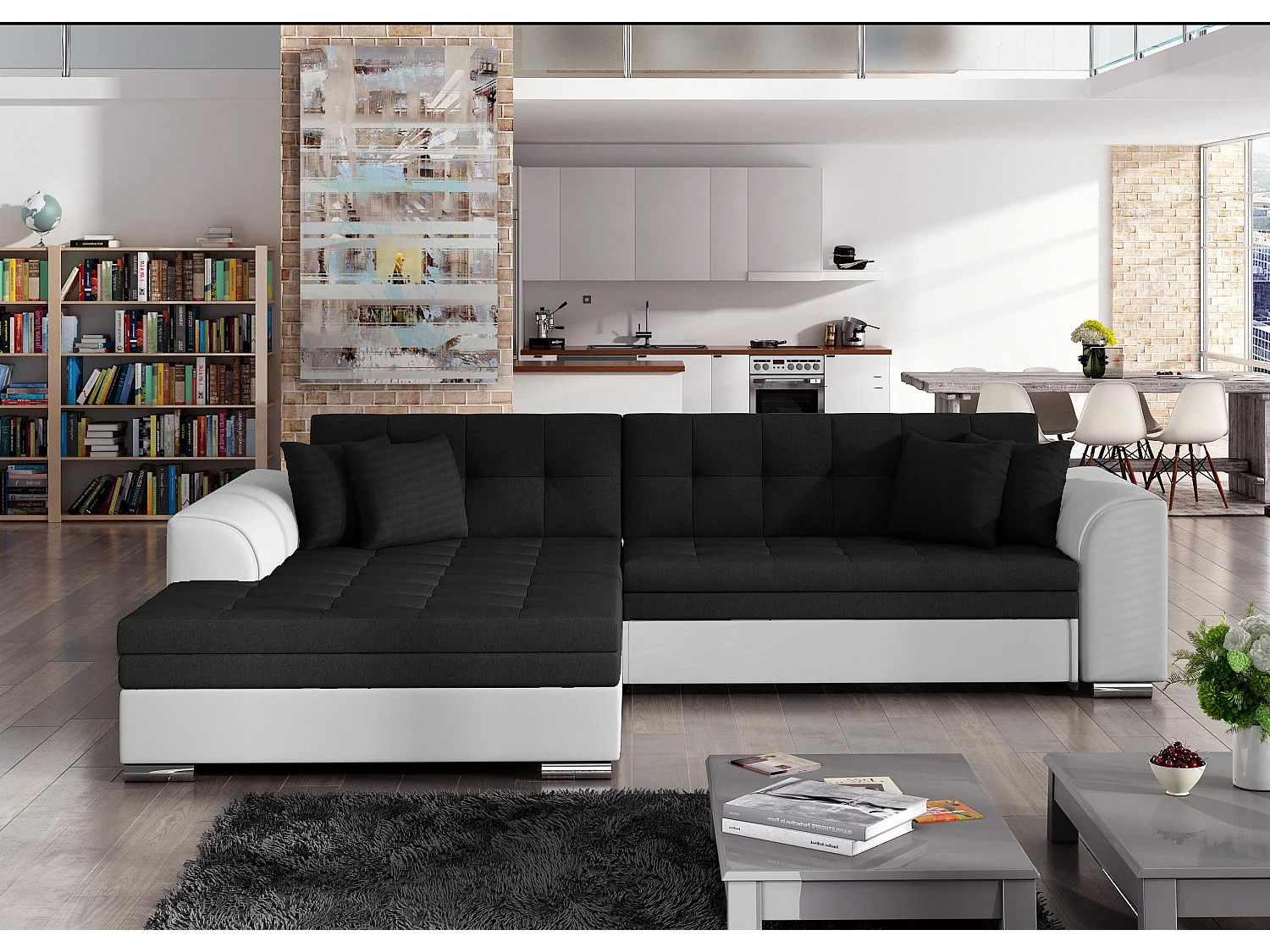 Canapé d'angle gauche convertible 4 places tissu noir et simili blanc Looka 295cm