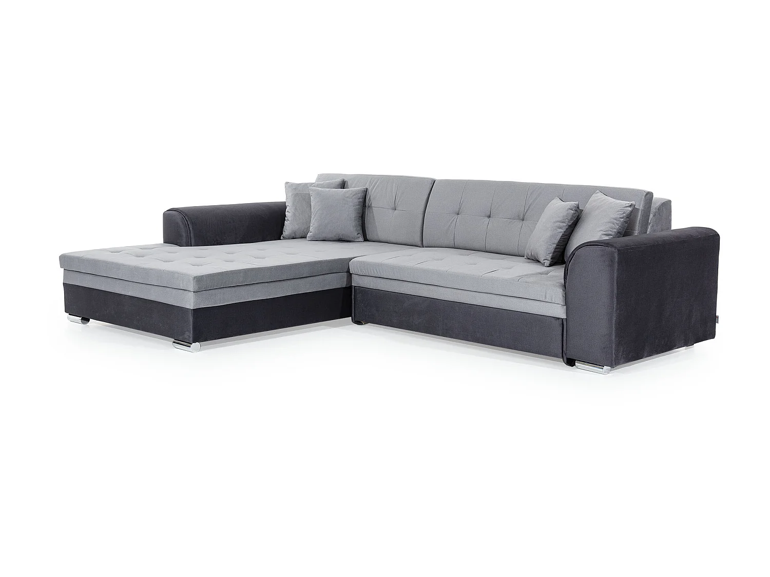 Canapé d'angle gauche convertible 4 places tissu noir et simili blanc Looka 295cm