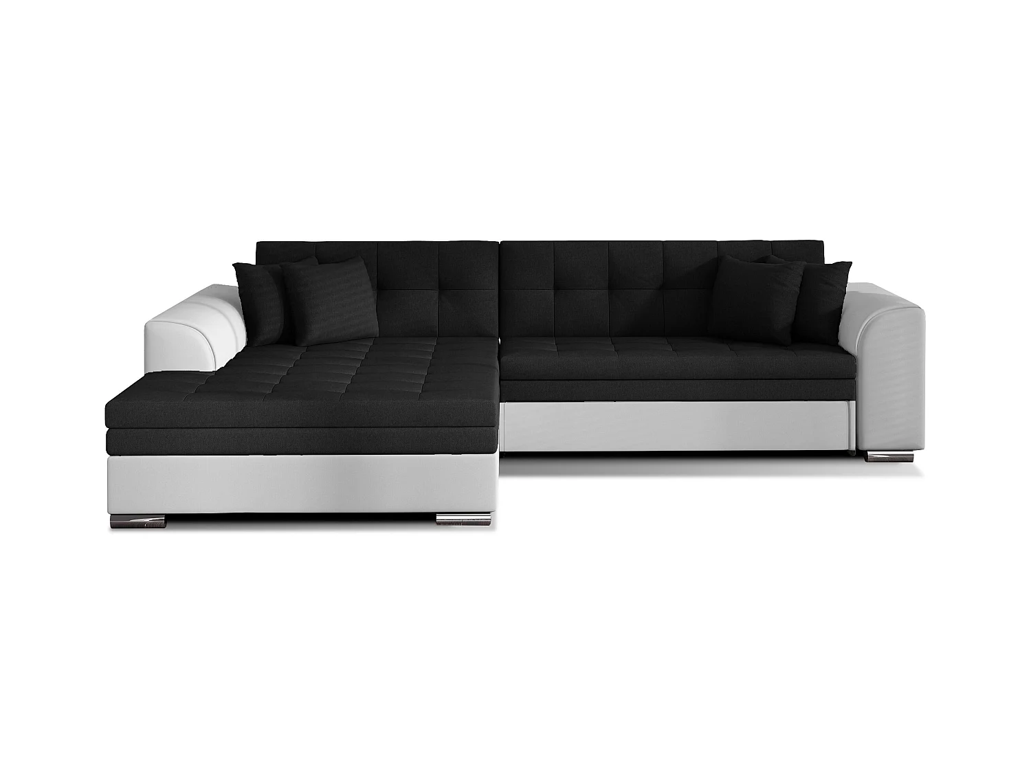 Canapé d'angle gauche convertible 4 places tissu noir et simili blanc Looka 295cm