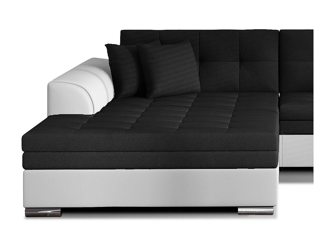 Canapé d'angle gauche convertible 4 places tissu noir et simili blanc Looka 295cm