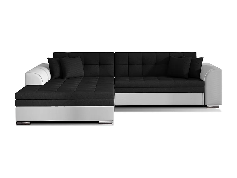 Canapé d'angle gauche convertible 4 places tissu noir et simili blanc Looka 295cm