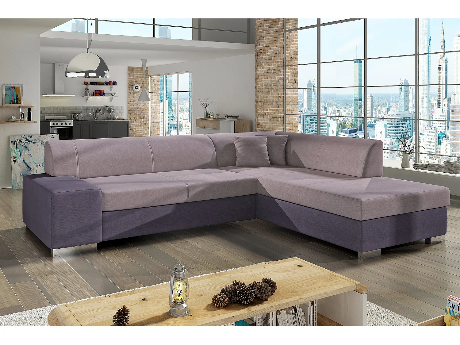 Canapé convertible moderne angle droit tissu rose et parme Plazo 278cm