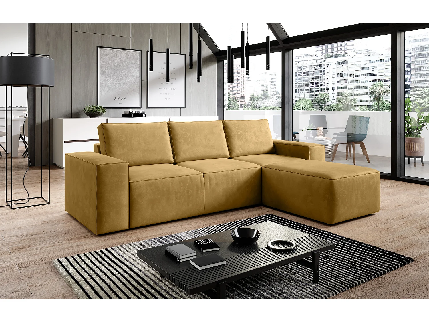 Canapé d'angle droit convertible moderne velours jaune moutarde Willace 302cm