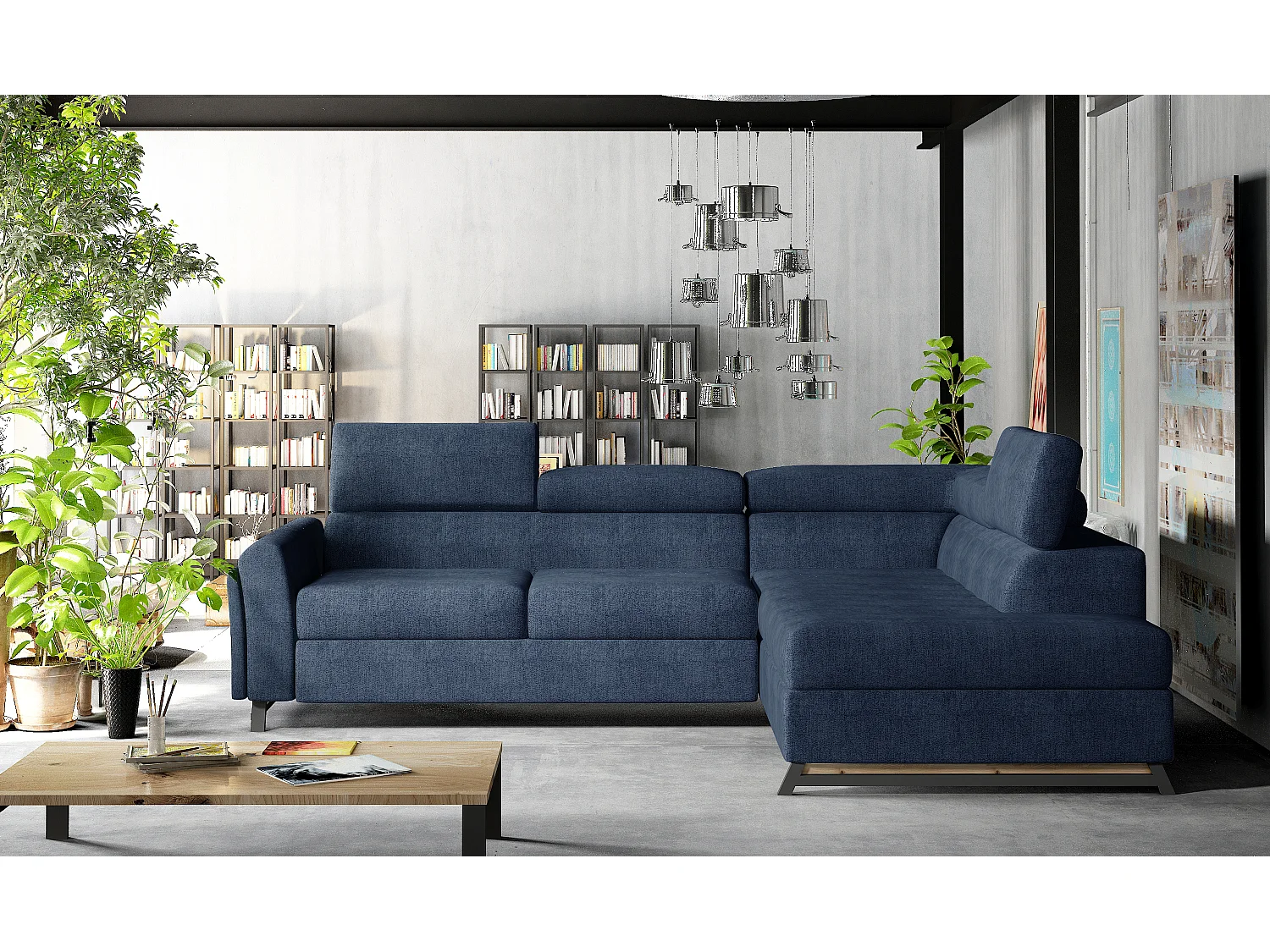 Canapé angle droit convertible tissu bleu avec têtières réglables Nikos 265cm