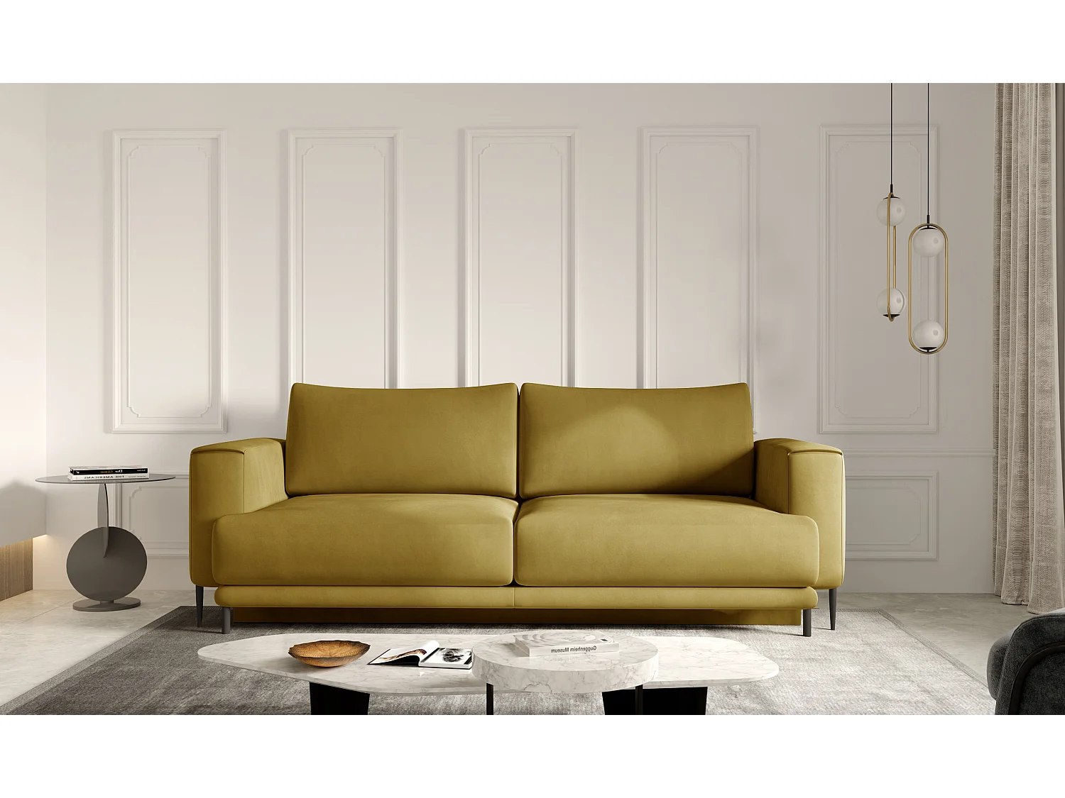 Canapé droit convertible 3 places velours DAVINA 246cm - Coffre & pieds métal noir-Jaune moutarde