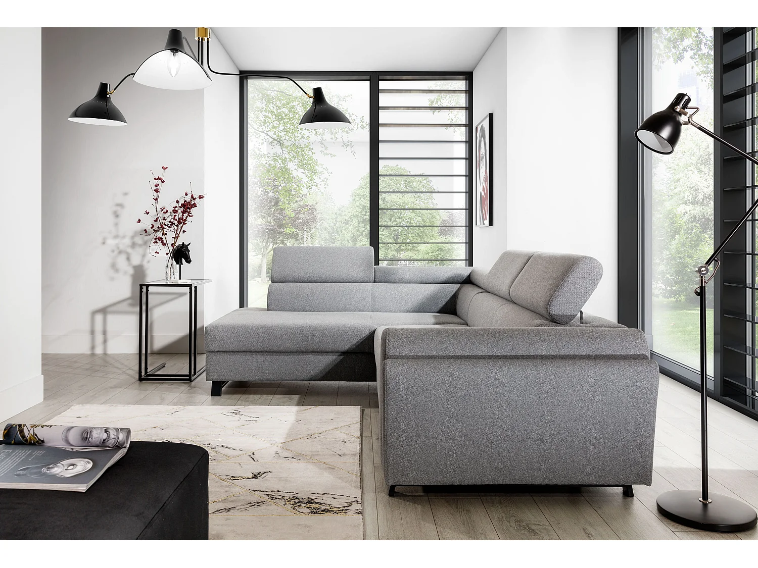 Canapé angle gauche convertible simili cuir crème avec têtières réglables Nikos 265cm