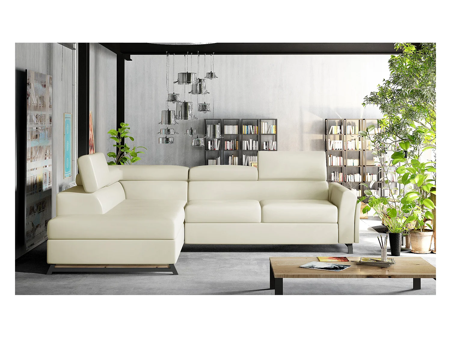 Canapé angle gauche convertible simili cuir crème avec têtières réglables Nikos 265cm