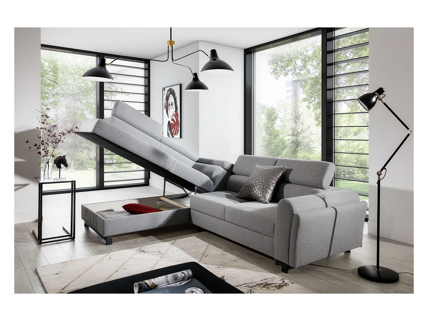 Canapé angle gauche convertible simili cuir crème avec têtières réglables Nikos 265cm