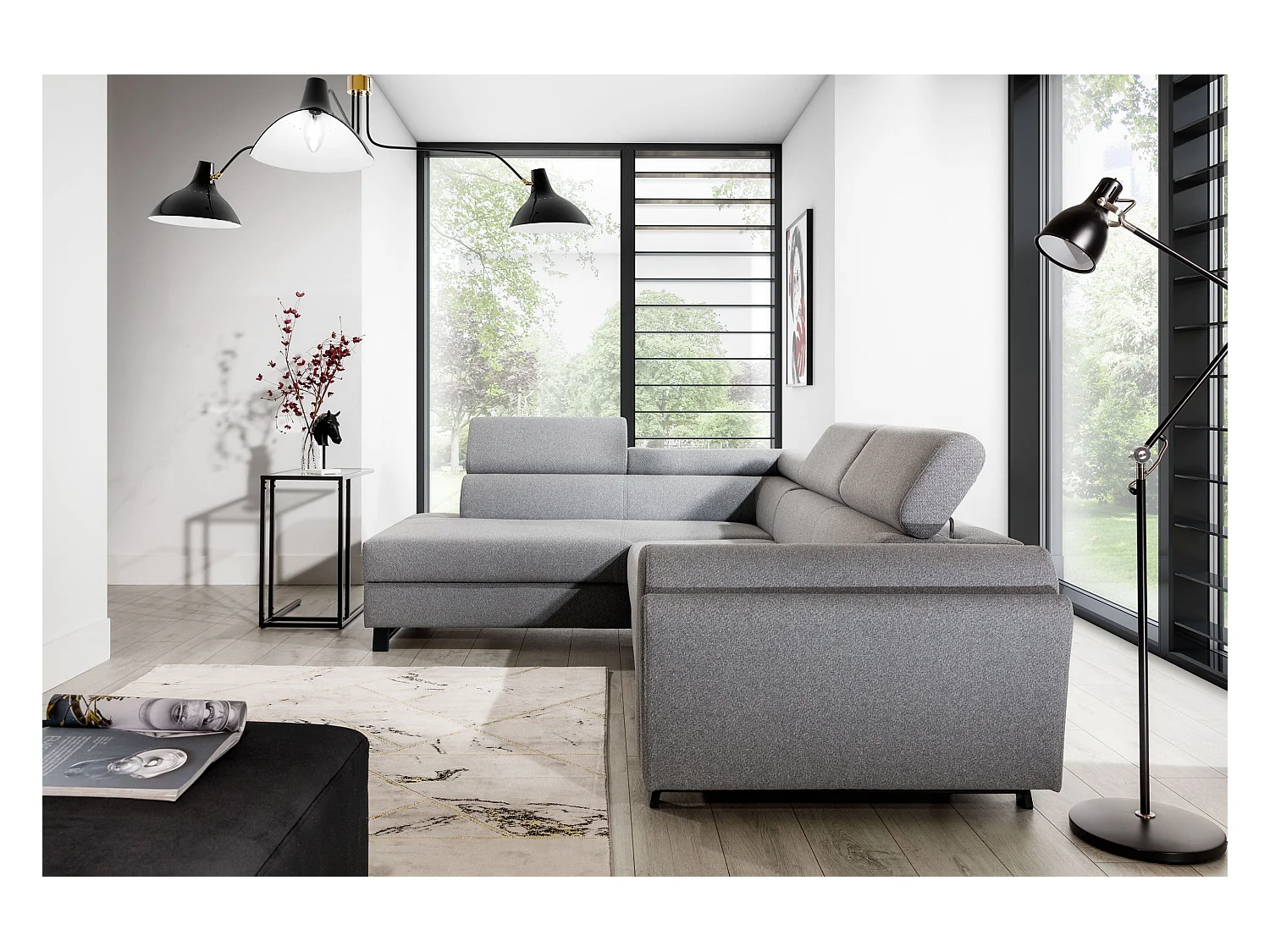 Canapé angle gauche convertible simili cuir crème avec têtières réglables Nikos 265cm