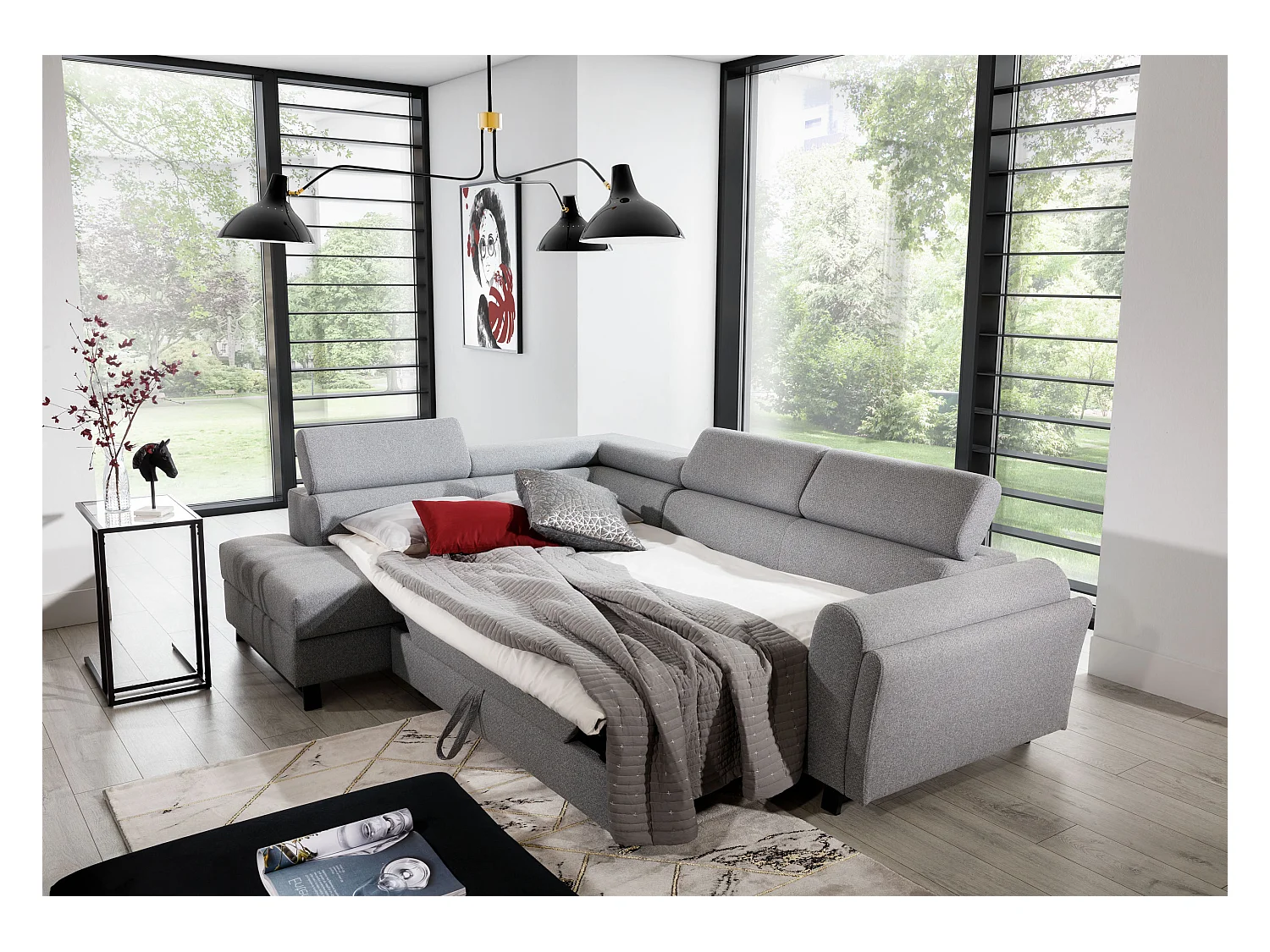 Canapé angle gauche convertible simili cuir crème avec têtières réglables Nikos 265cm