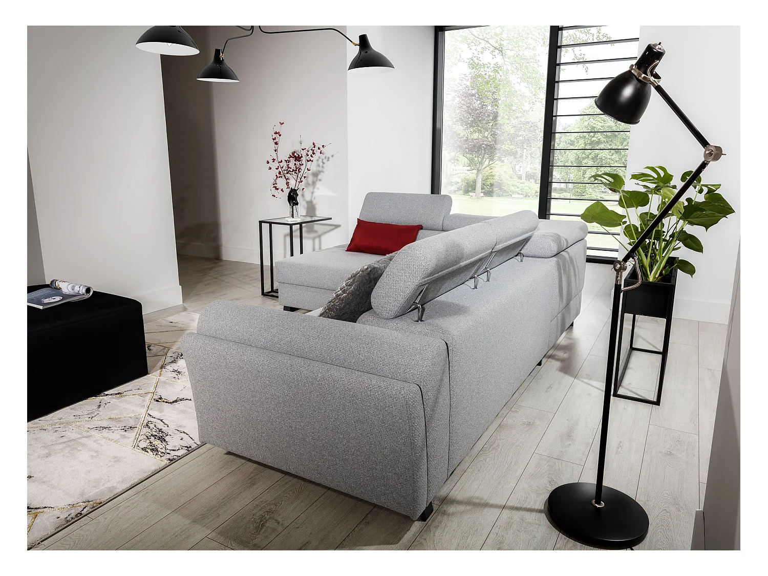 Canapé angle gauche convertible simili cuir crème avec têtières réglables Nikos 265cm