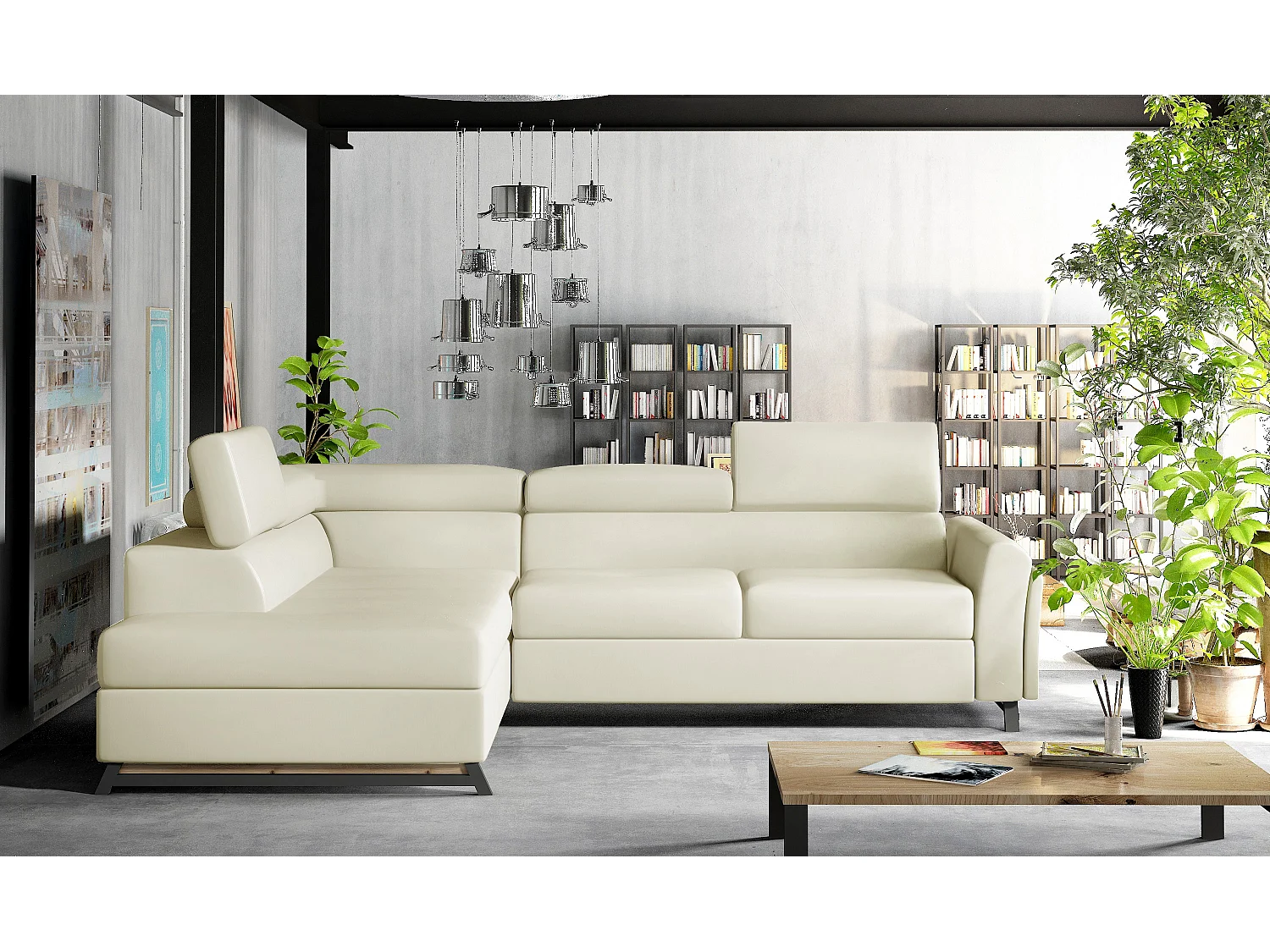 Canapé angle gauche convertible simili cuir crème avec têtières réglables Nikos 265cm