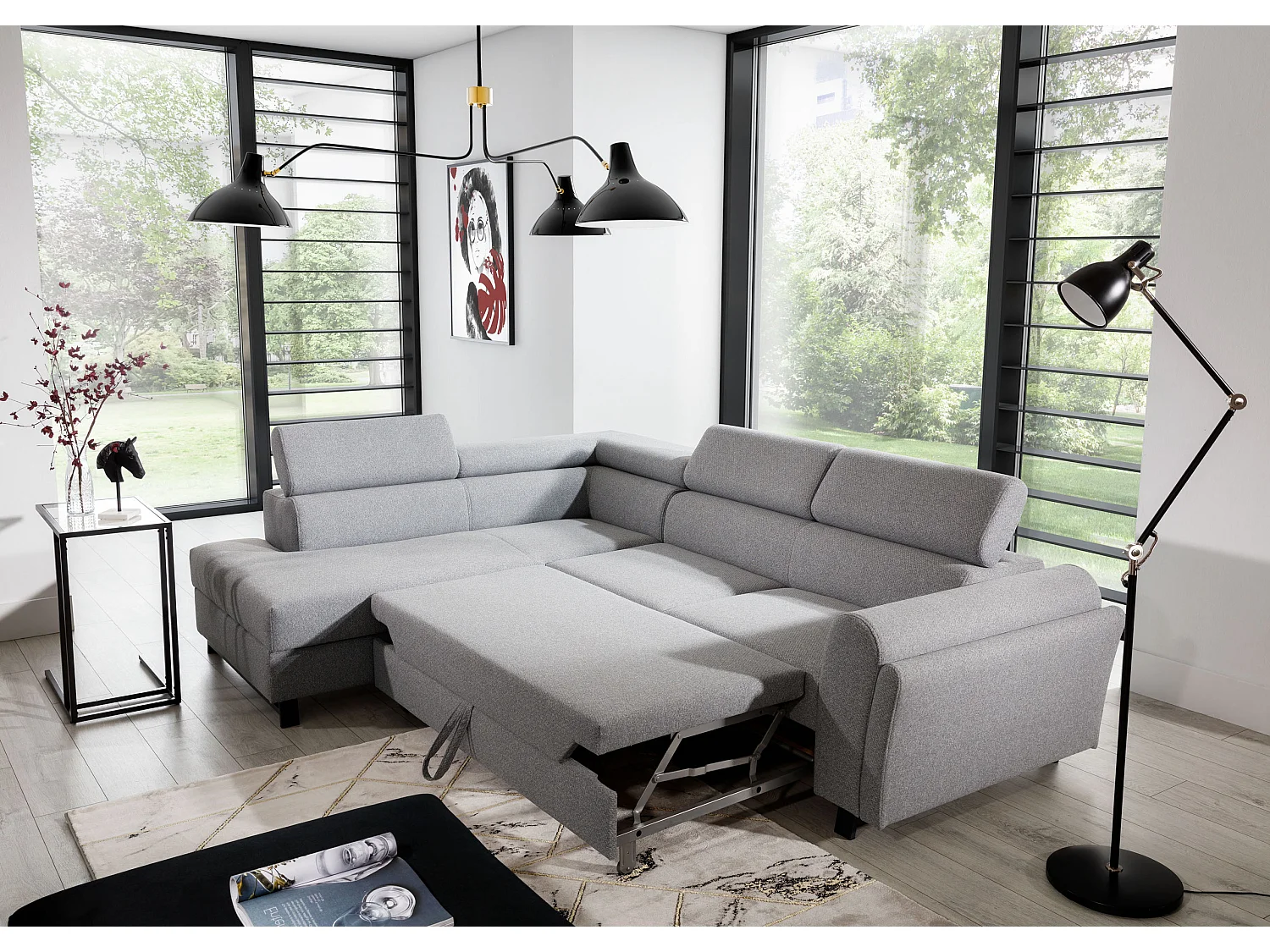 Canapé angle gauche convertible simili cuir crème avec têtières réglables Nikos 265cm