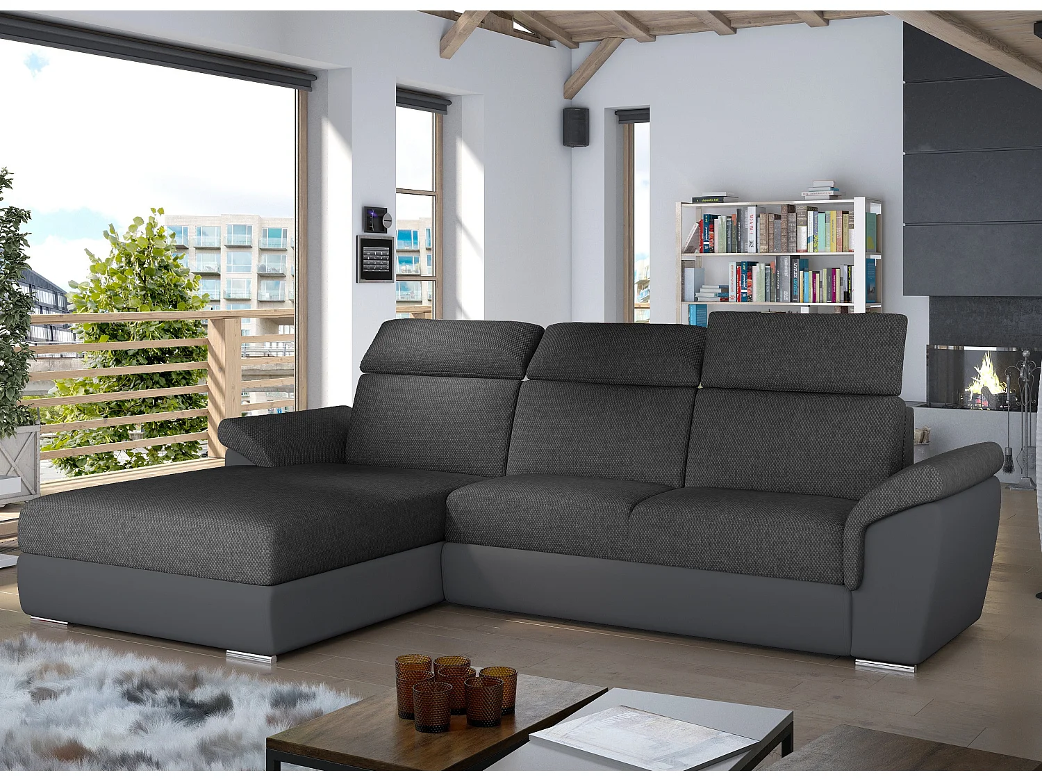 Canapé convertible d'angle gauche tissu gris foncé chiné et simili gris Suzy 272cm