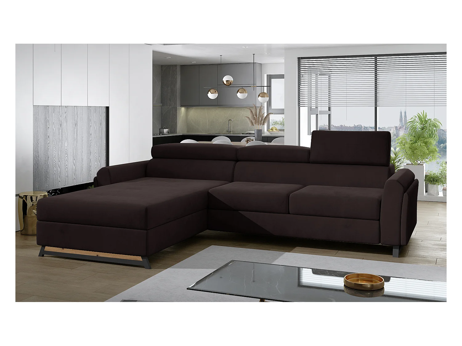 Canapé angle gauche convertible velours marron foncé avec appuis-tête réglables Mazerali 300cm