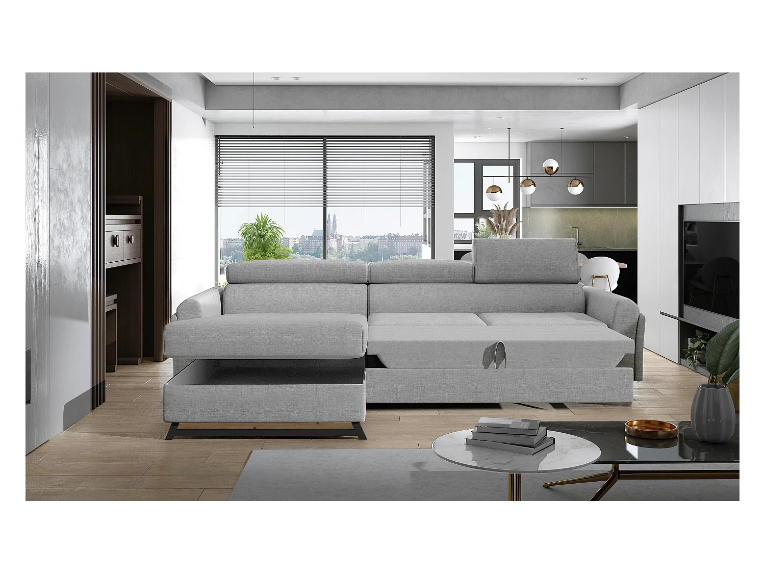 Canapé angle gauche convertible velours marron foncé avec appuis-tête réglables Mazerali 300cm