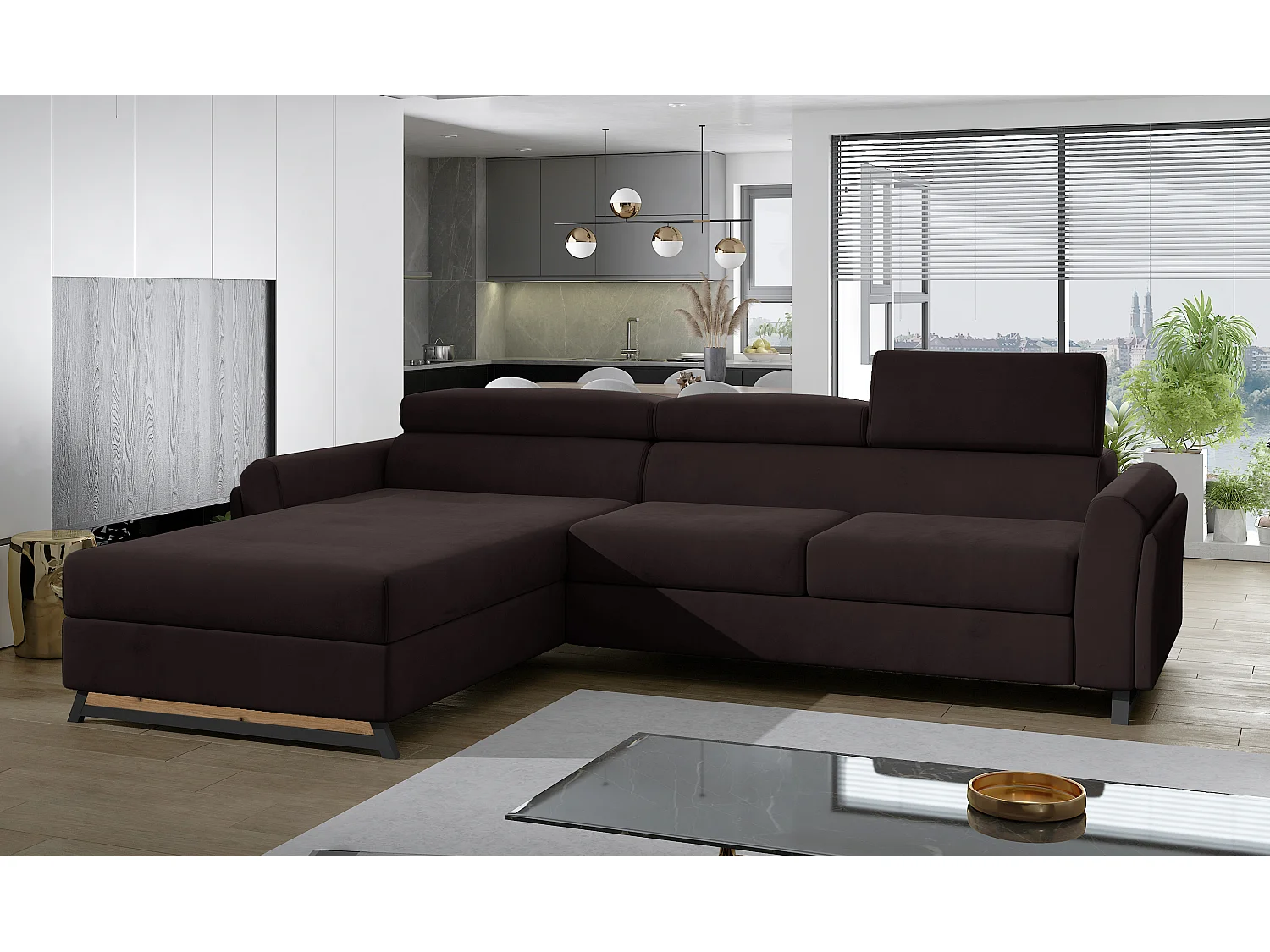 Canapé angle gauche convertible velours marron foncé avec appuis-tête réglables Mazerali 300cm