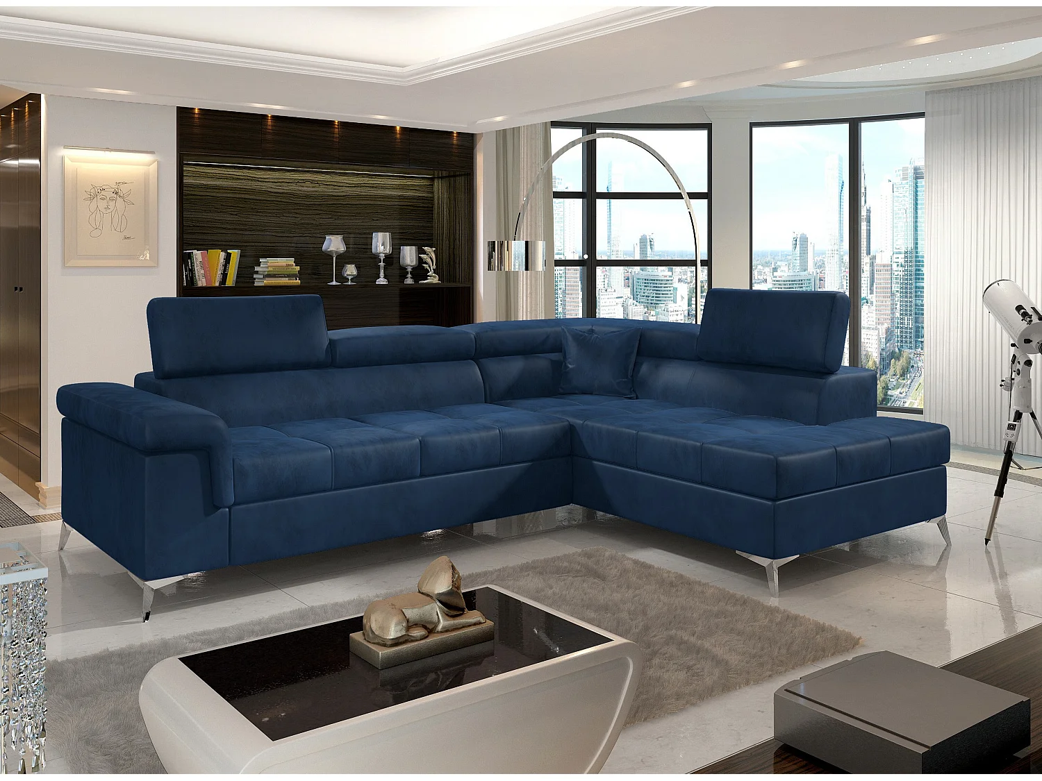 Canapé d'angle droit convertible velours bleu foncé Marido 275cm