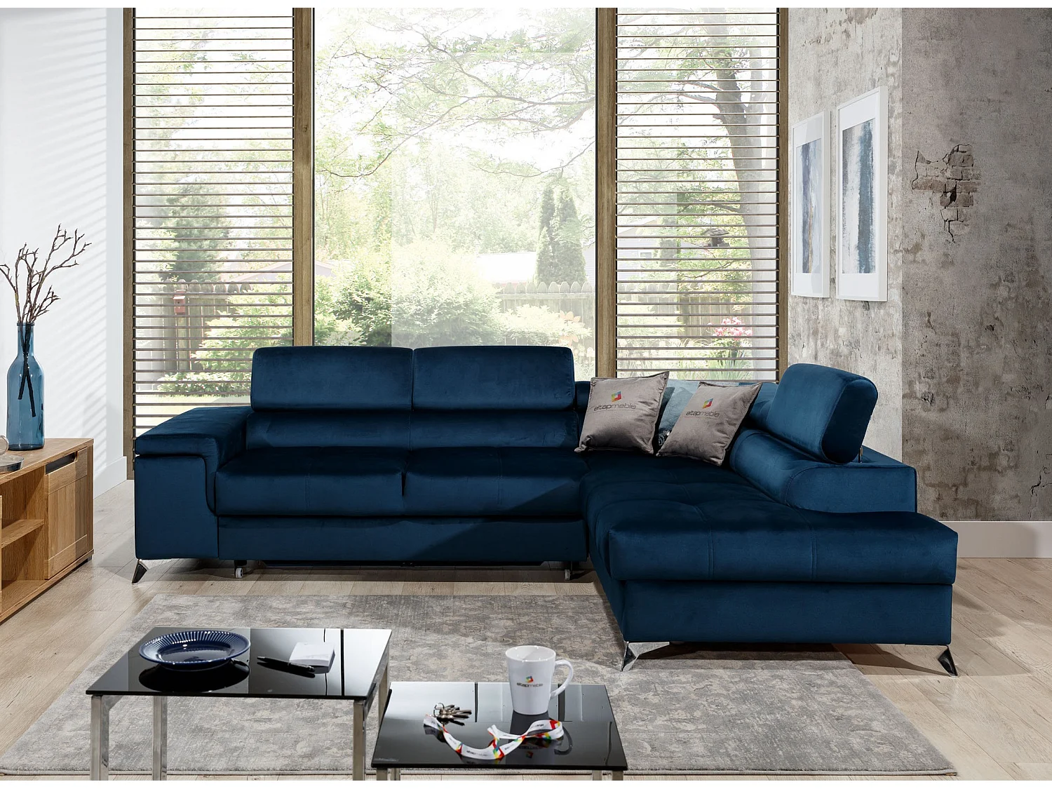 Canapé d'angle droit convertible velours bleu foncé Marido 275cm