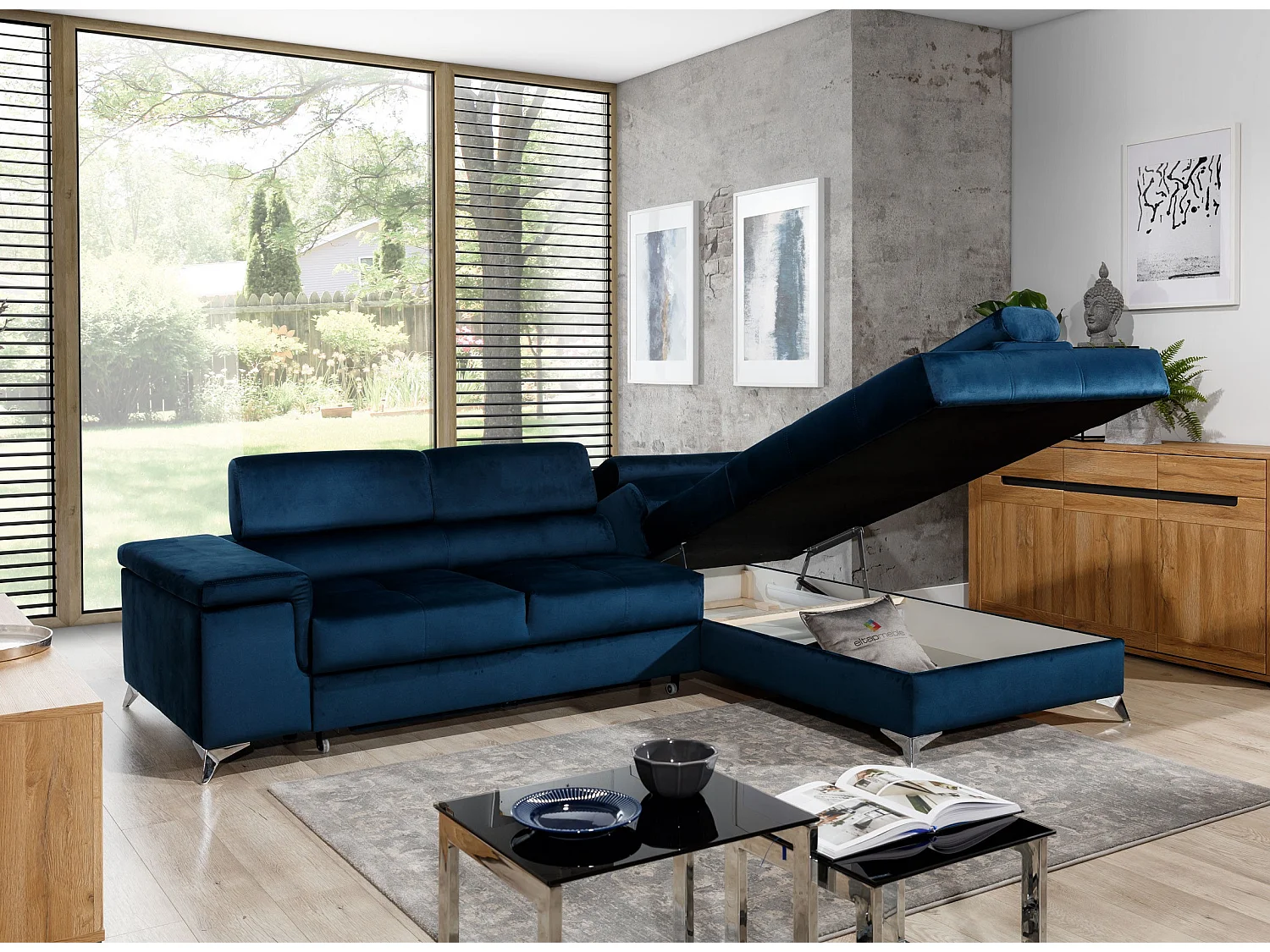 Canapé d'angle droit convertible velours bleu foncé Marido 275cm