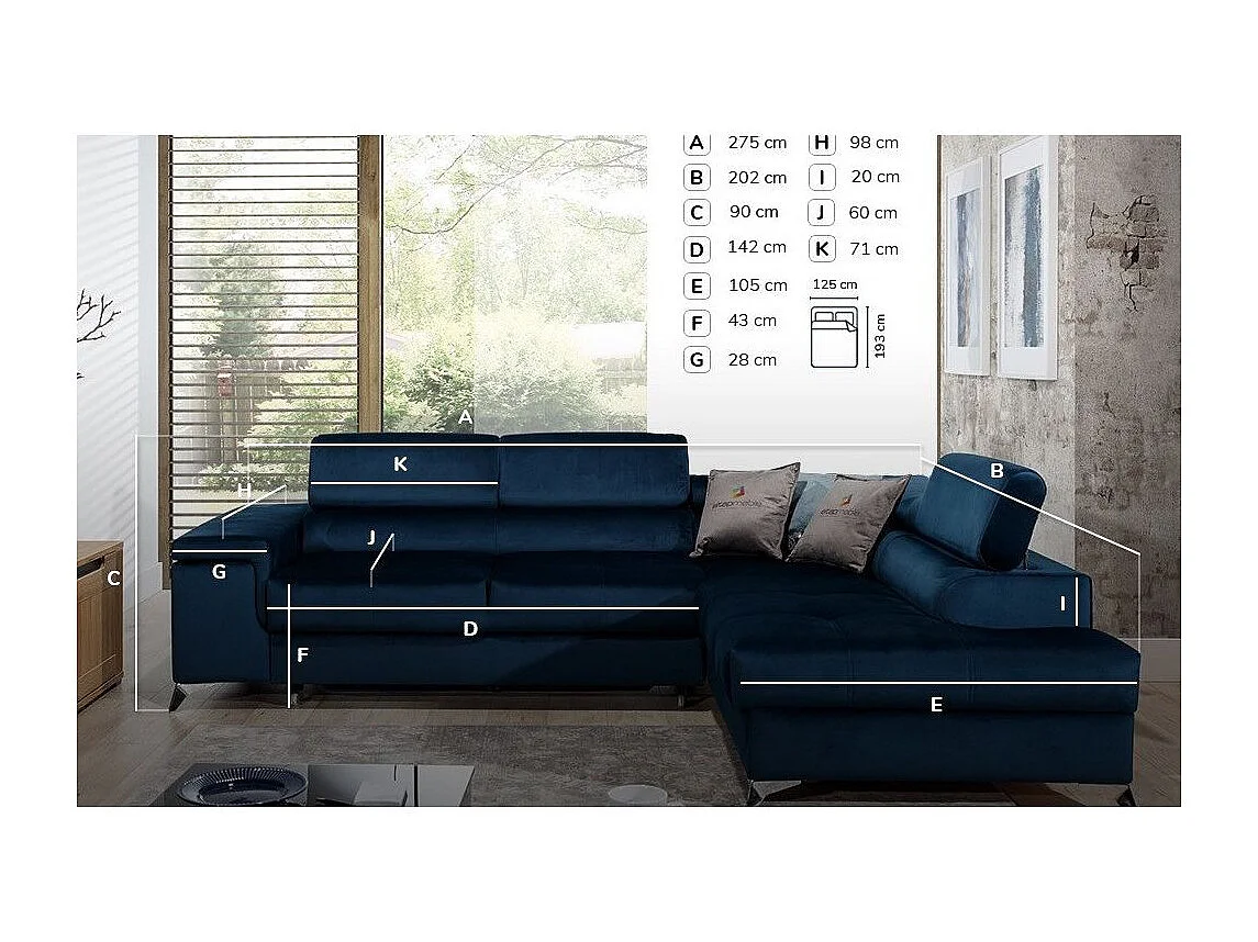 Canapé d'angle droit convertible velours bleu foncé Marido 275cm