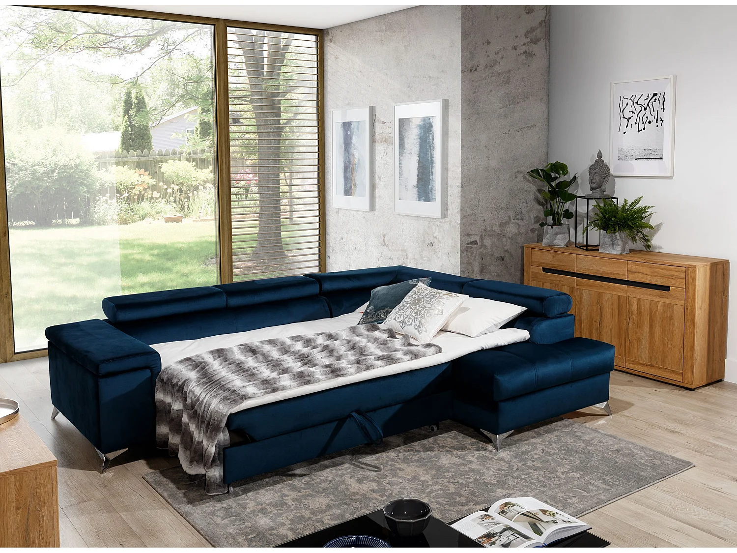 Canapé d'angle droit convertible velours bleu foncé Marido 275cm