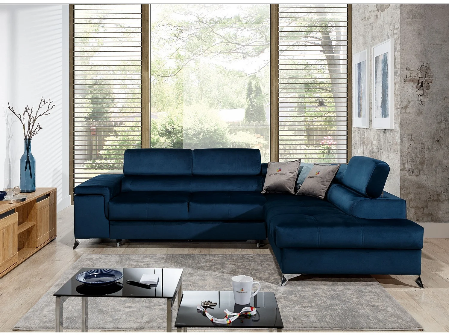 Canapé d'angle convertible velours MARIDO - Coffre et appuis-tête réglables-Bleu foncé-angle droit