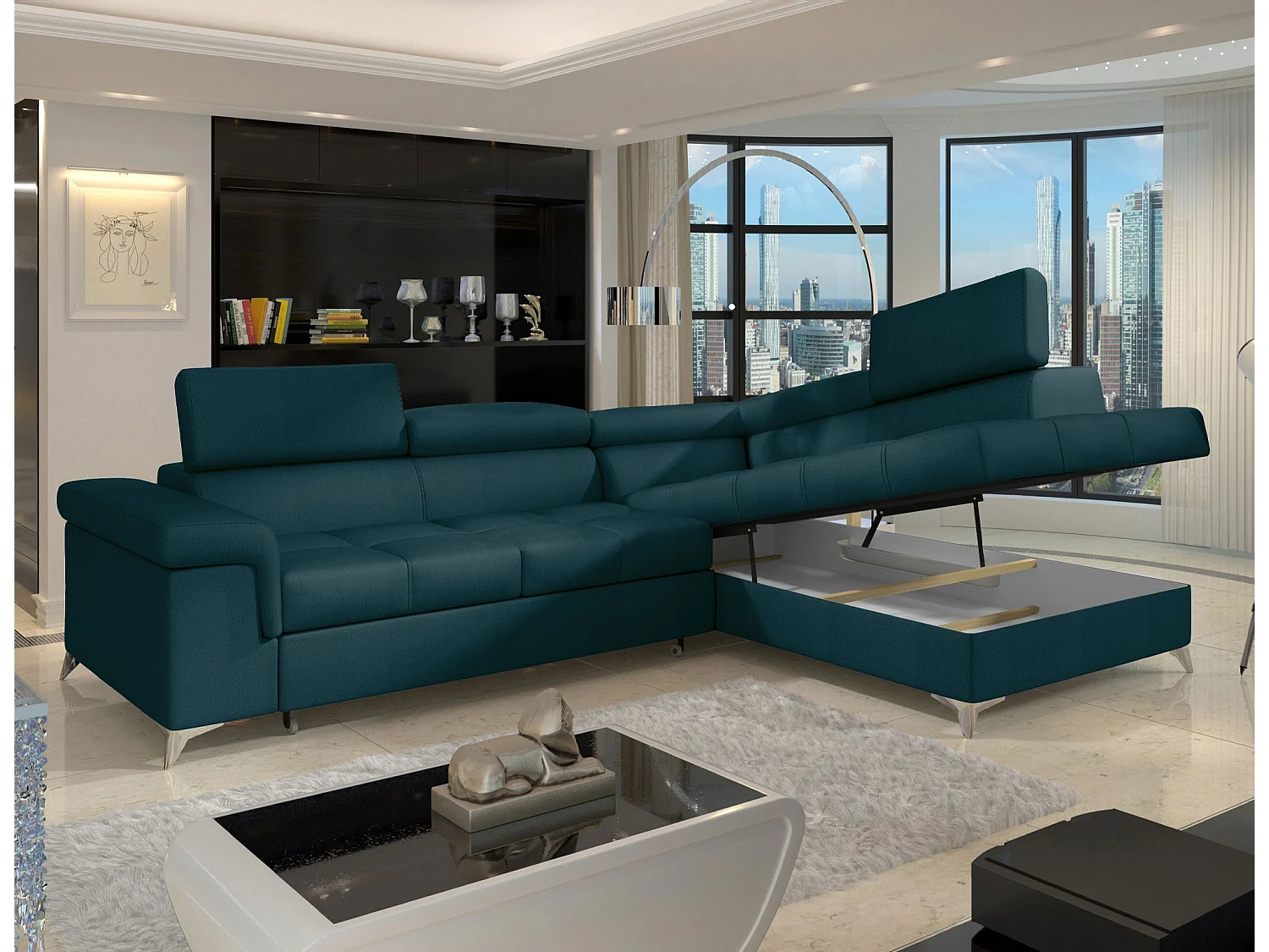 Canapé d'angle convertible velours MARIDO - Coffre et appuis-tête réglables-Bleu foncé-angle droit