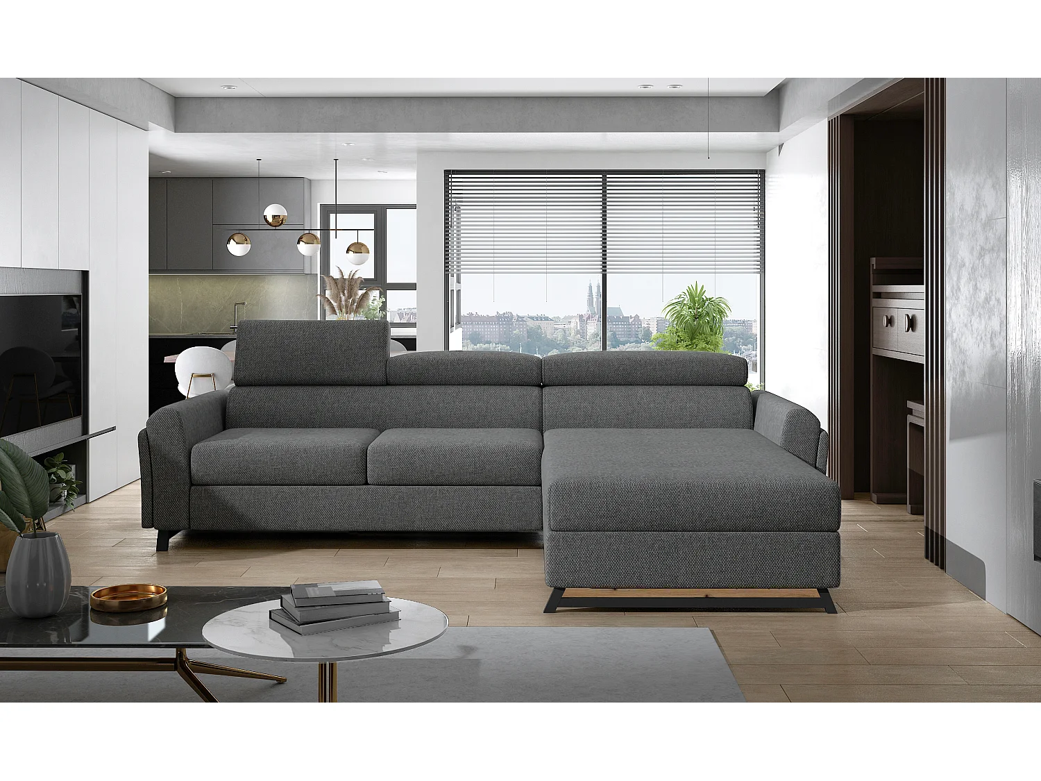 Canapé angle droit convertible tissu gris foncé avec appuis-tête réglables Mazerali 300cm