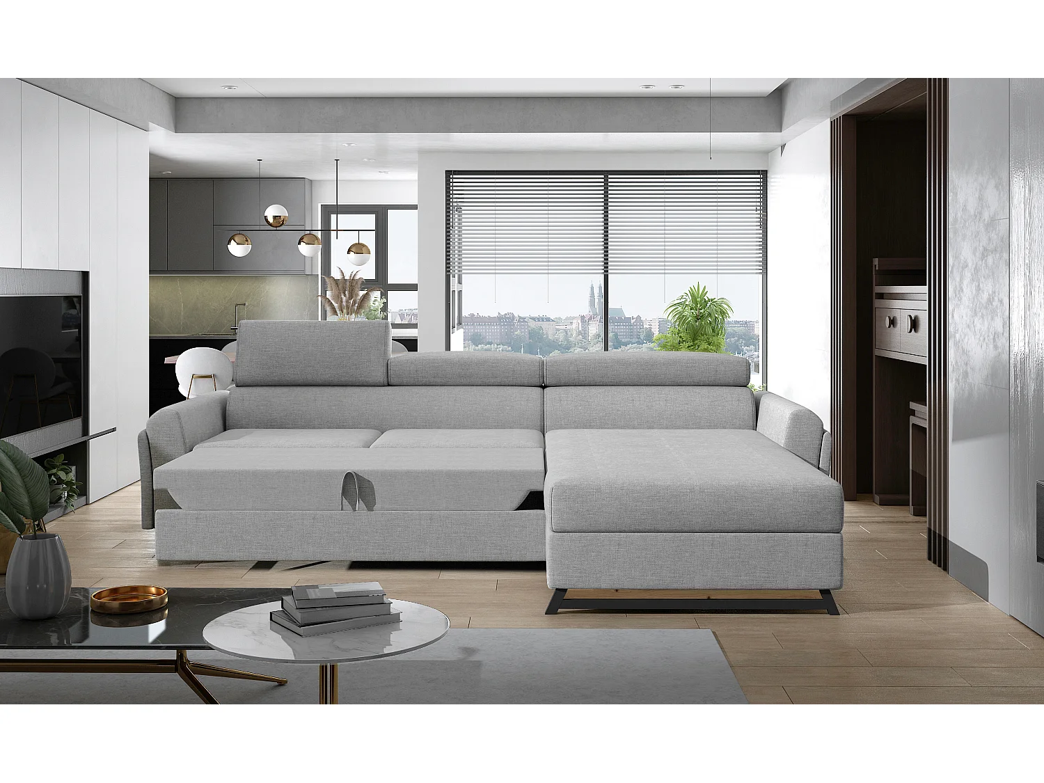 Canapé angle droit convertible tissu gris foncé avec appuis-tête réglables Mazerali 300cm