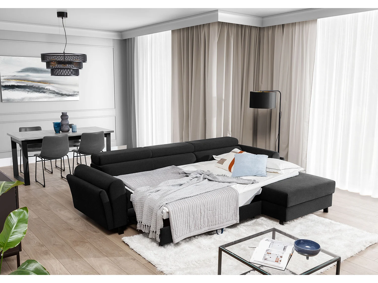 Canapé d’angle convertible MAZALI tissu- Appuis-tête réglables et rangement-Anthracite-Méridienne A droite