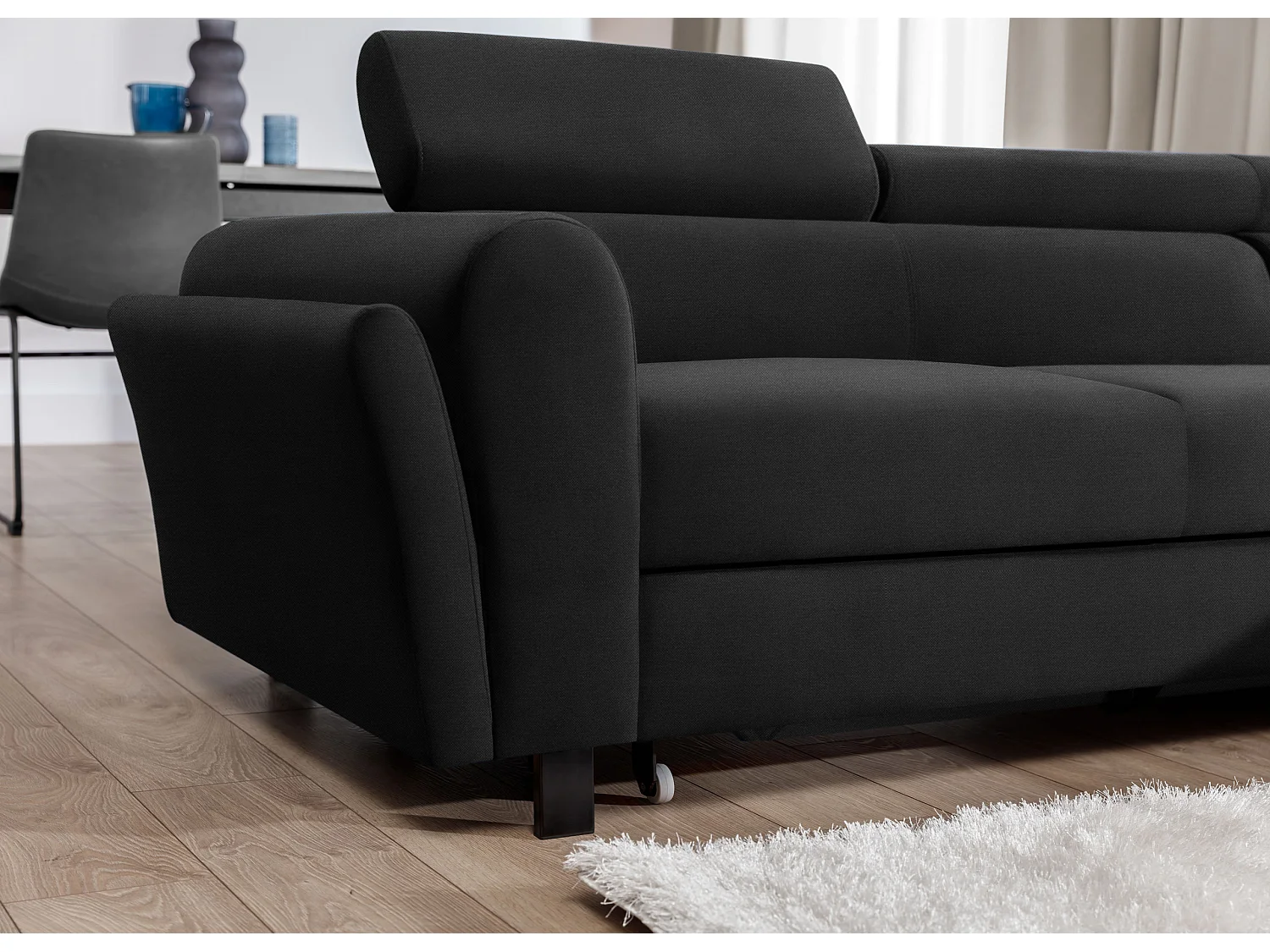 Canapé d’angle convertible MAZALI tissu- Appuis-tête réglables et rangement-Anthracite-Méridienne A droite