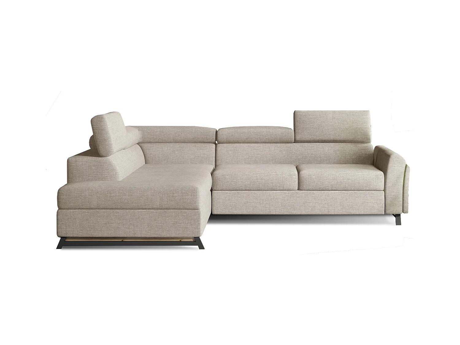 Canapé angle gauche convertible tissu beige clair avec têtières réglables Nikos 265cm
